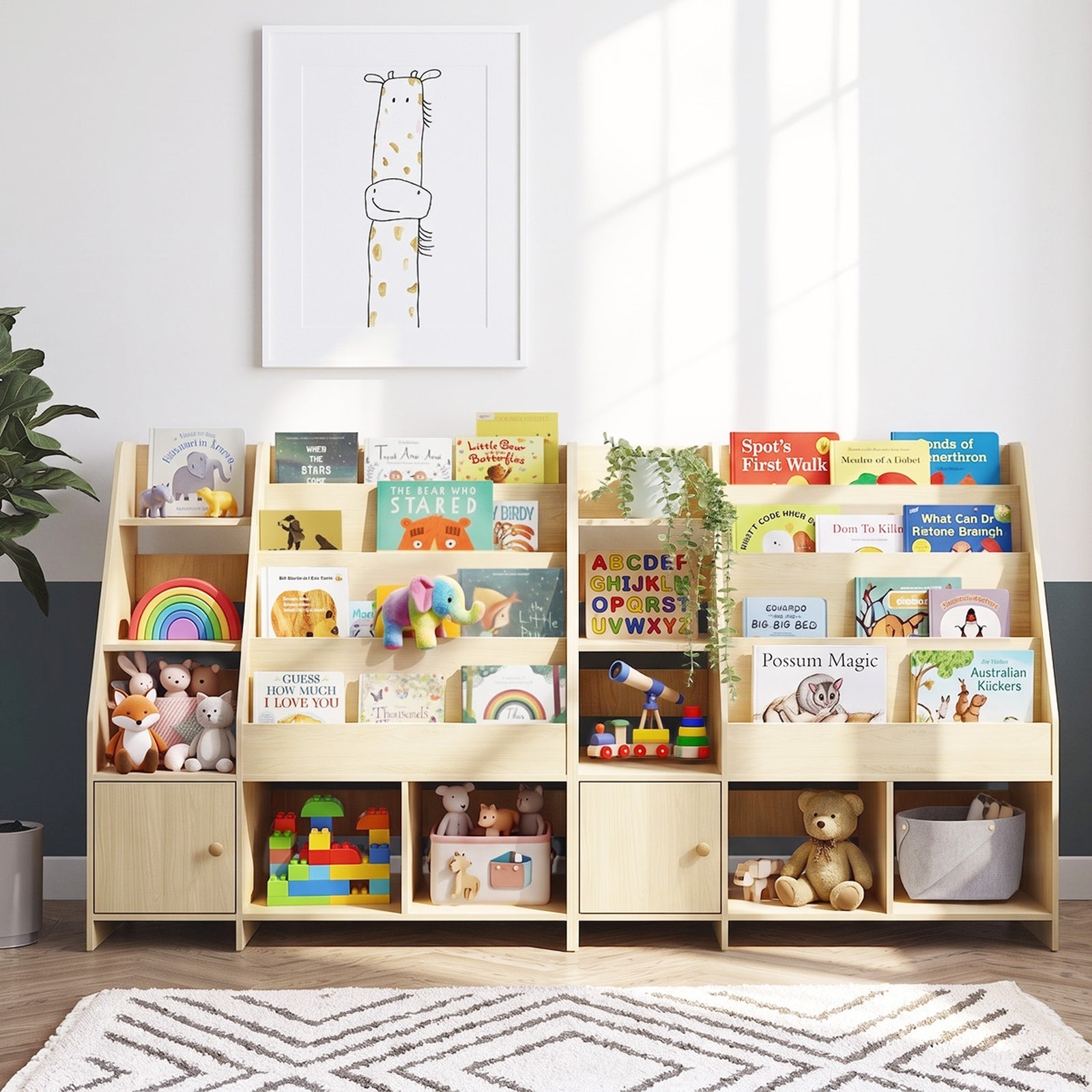 Oikiture Kids Bookshelf Organiser Toddler Toys Storage Magazine Rack Natural