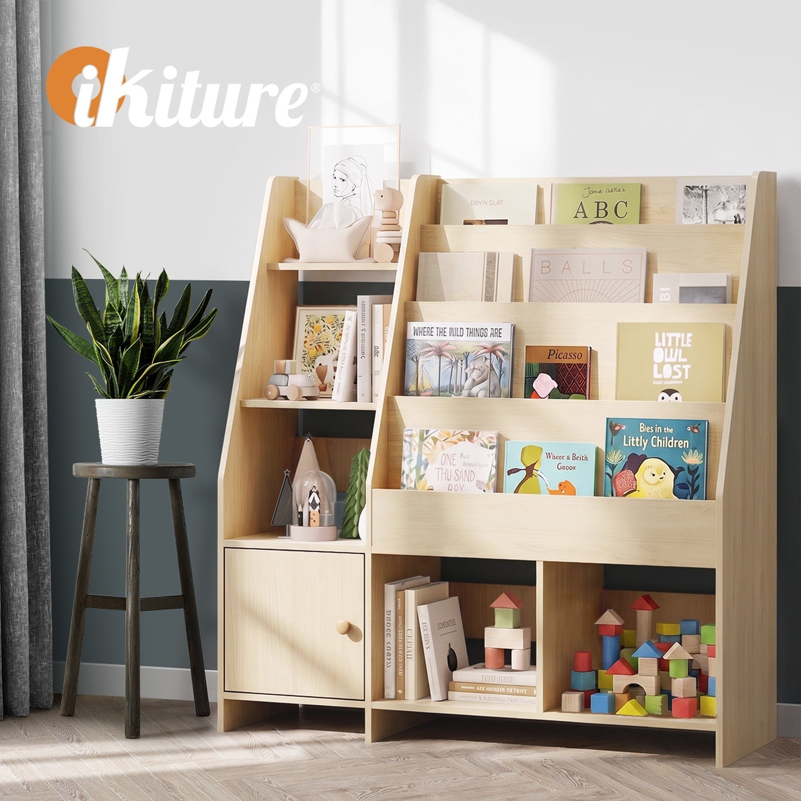 Oikiture Kids Bookshelf Organiser Toddler Toys Storage Magazine Rack Natural