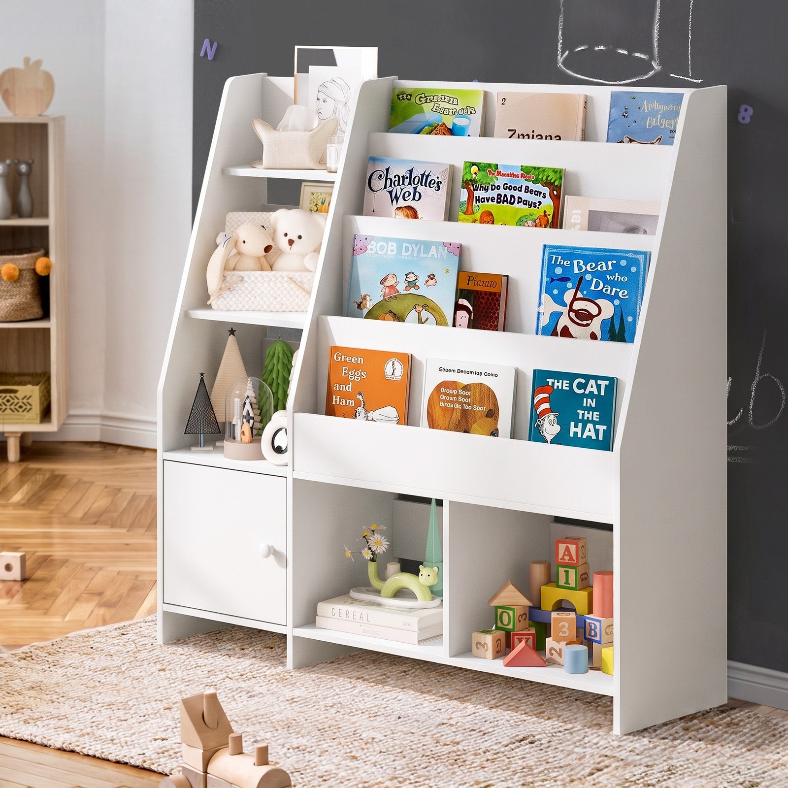 Oikiture Kids Bookshelf Organiser Toddler Toys Storage Magazine Rack White