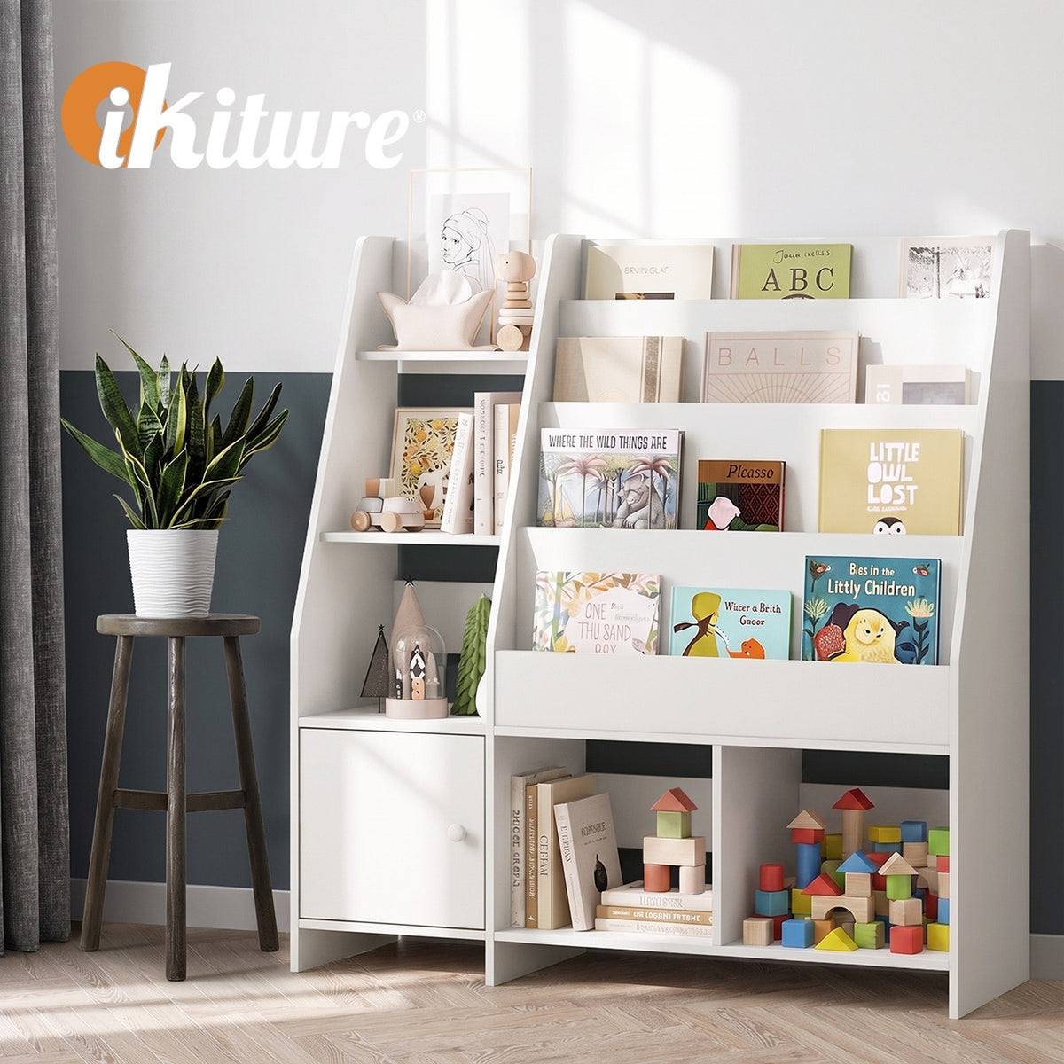 Oikiture Kids Bookshelf Organiser Toddler Toys Storage Magazine Rack White