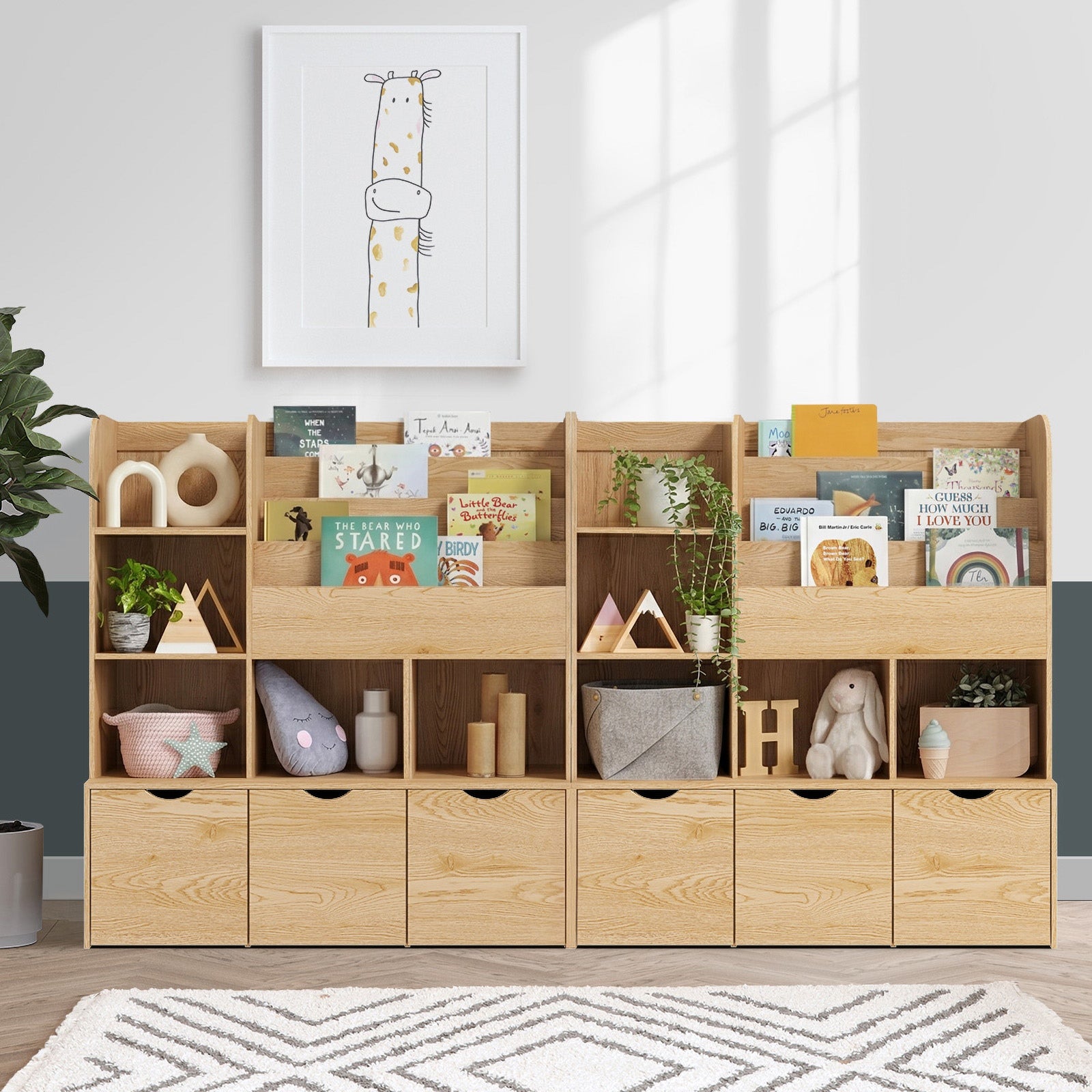 Oikiture Kids Bookcase Toy Organiser Cabinet Bookshelf with Chest Natural