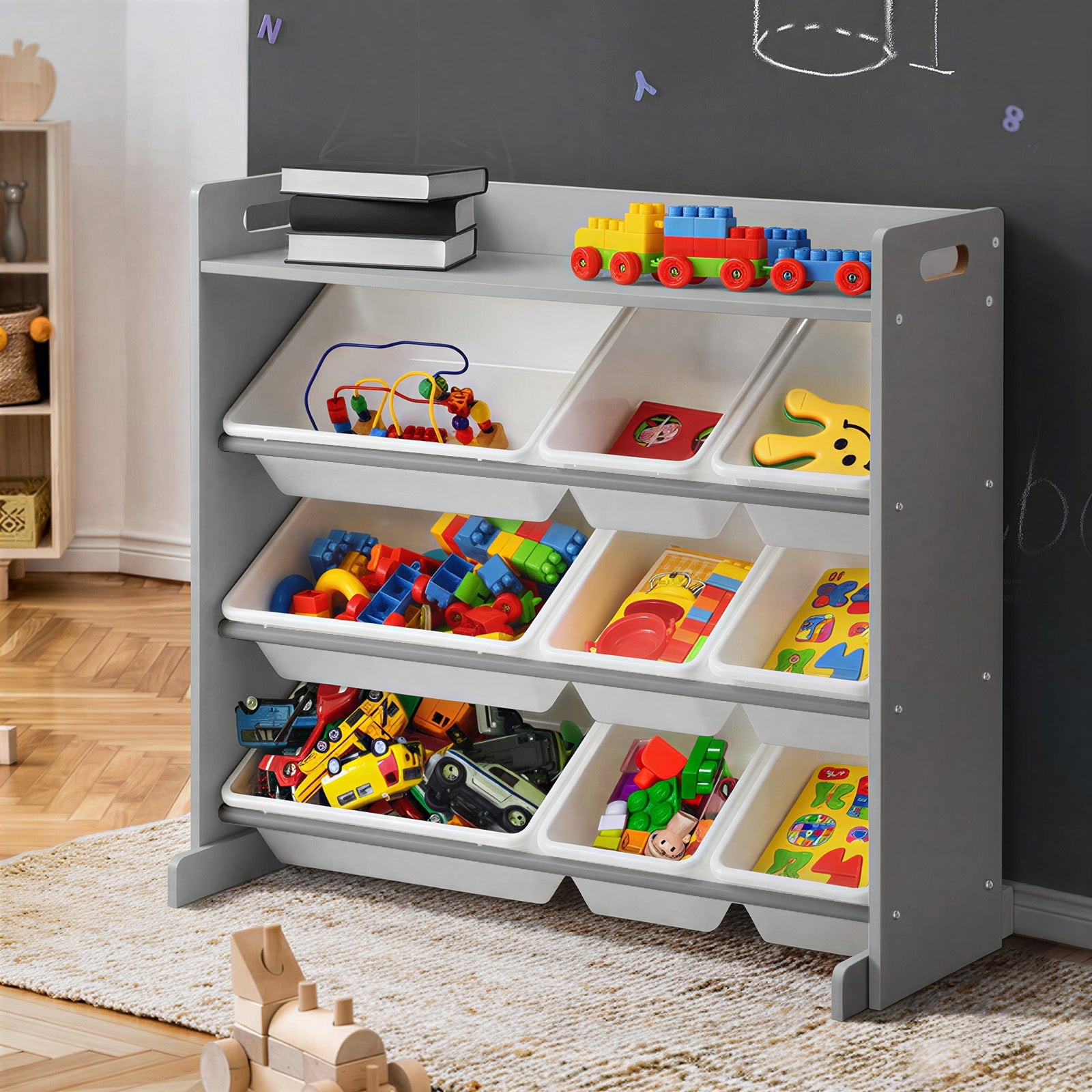 Oikiture 9 Bins Kids Toy Box Bookshelf Storage Organiser Display Shelf - Sunyee