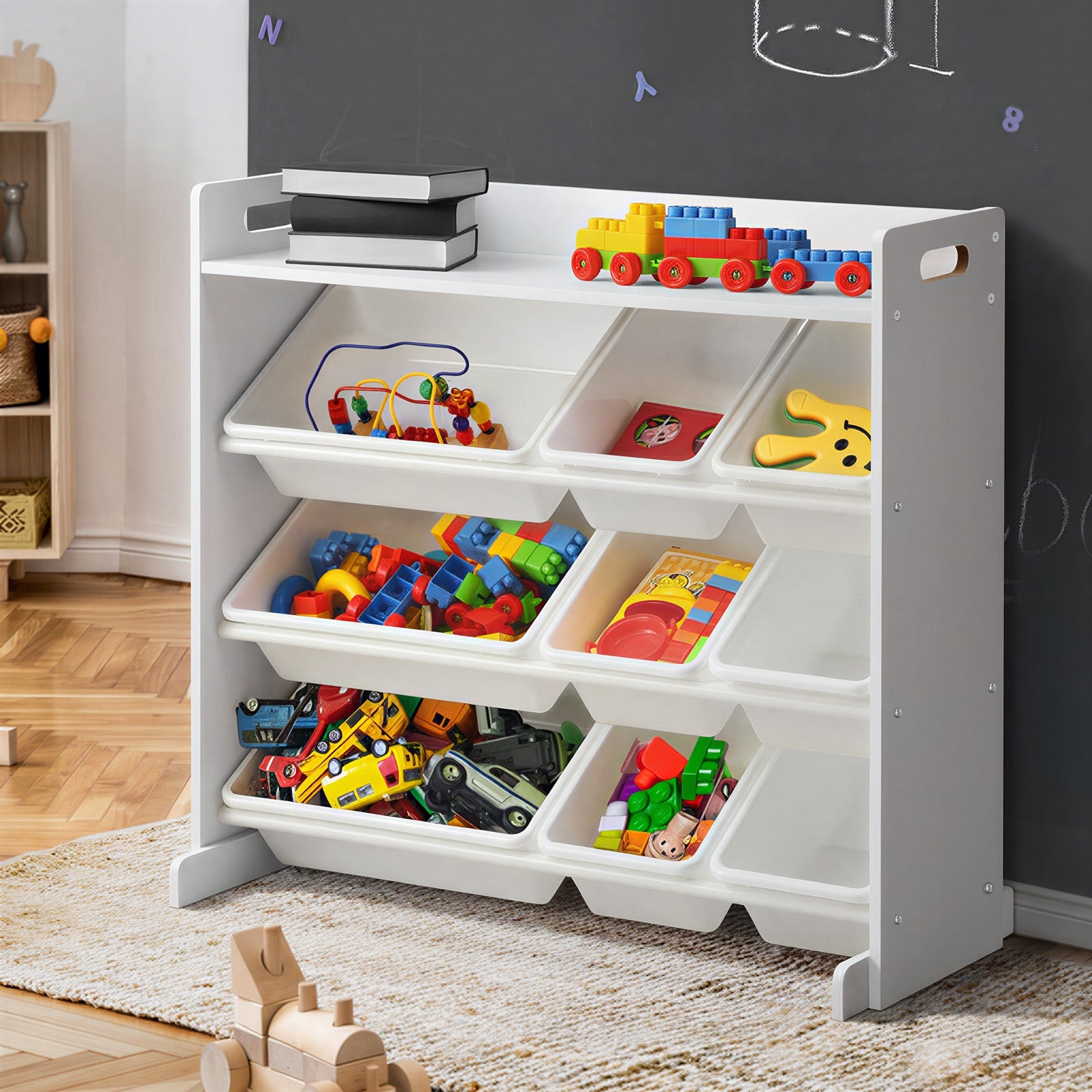 Oikiture 9 Bins Kids Toy Box Bookshelf Storage Organiser Display Shelf - Sunyee