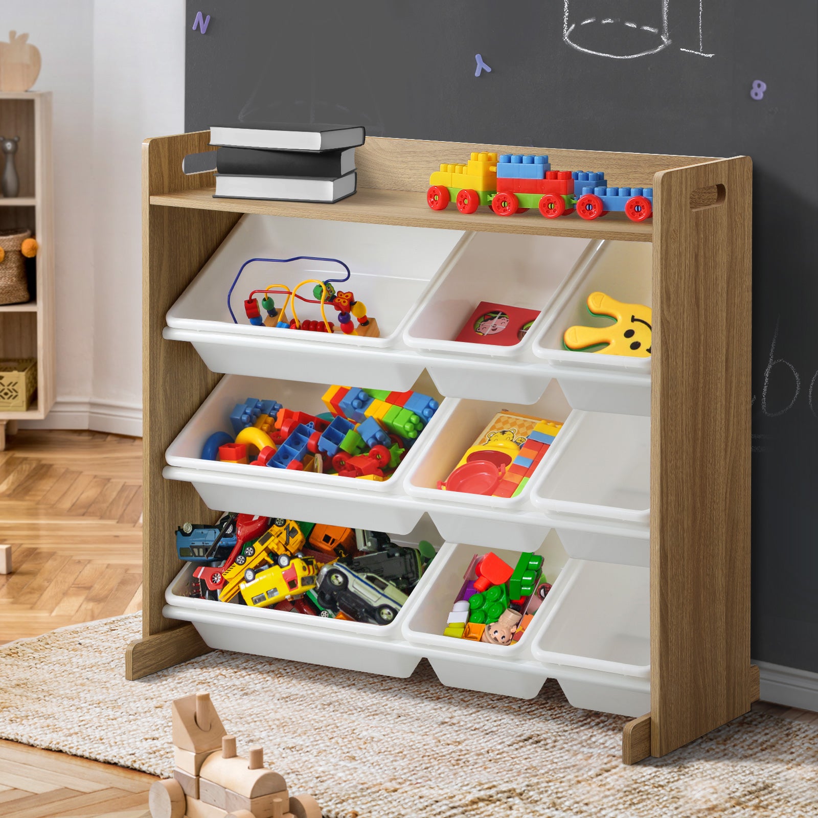 Oikiture 9 Bins Kids Toy Box Bookshelf Organiser Display Shelf Storage