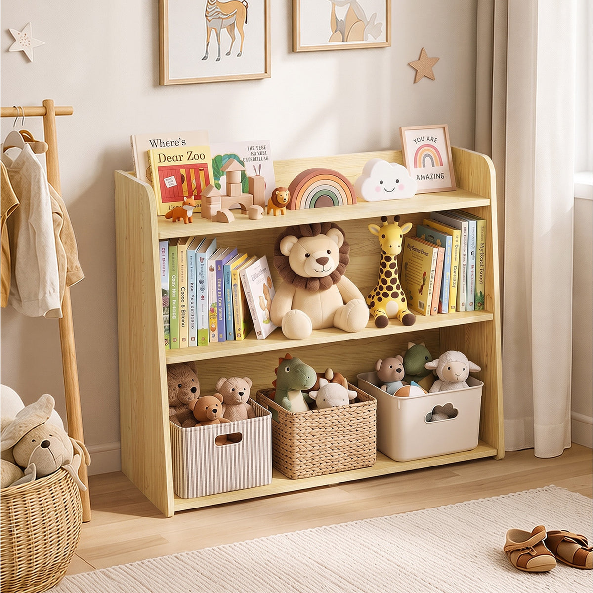 Oikiture Kids Storage Bookshelf Organiser 3 Tier Open Shelves Rack Natural - Sunyee