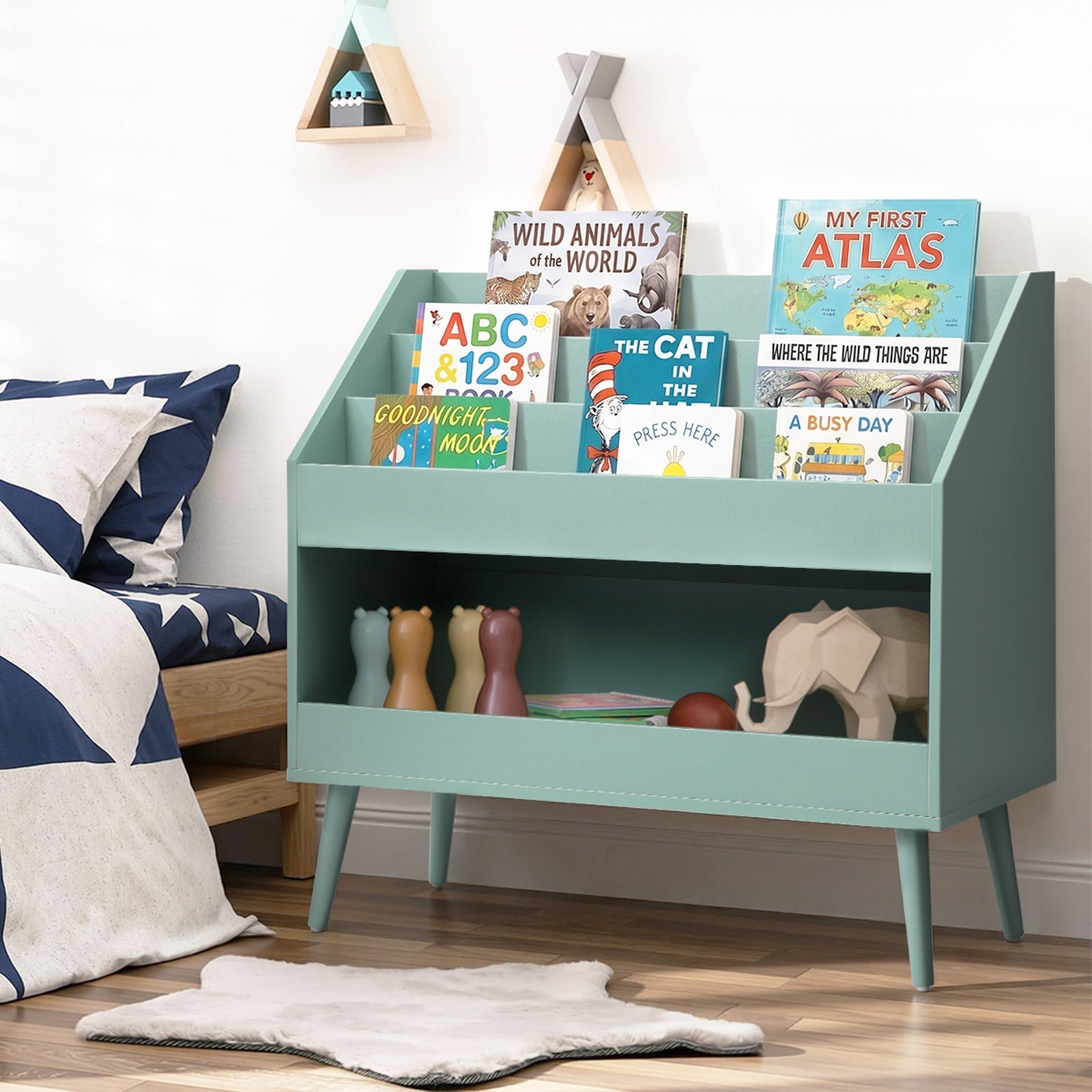 Oikiture Kids Bookshelf Children Bookcase Organiser Toy Storage Shelf Green