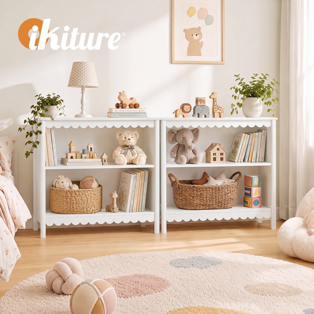 Oikiture Kids Storage Bookshelf 2 Tier Display Shelf Scalloped Edge White