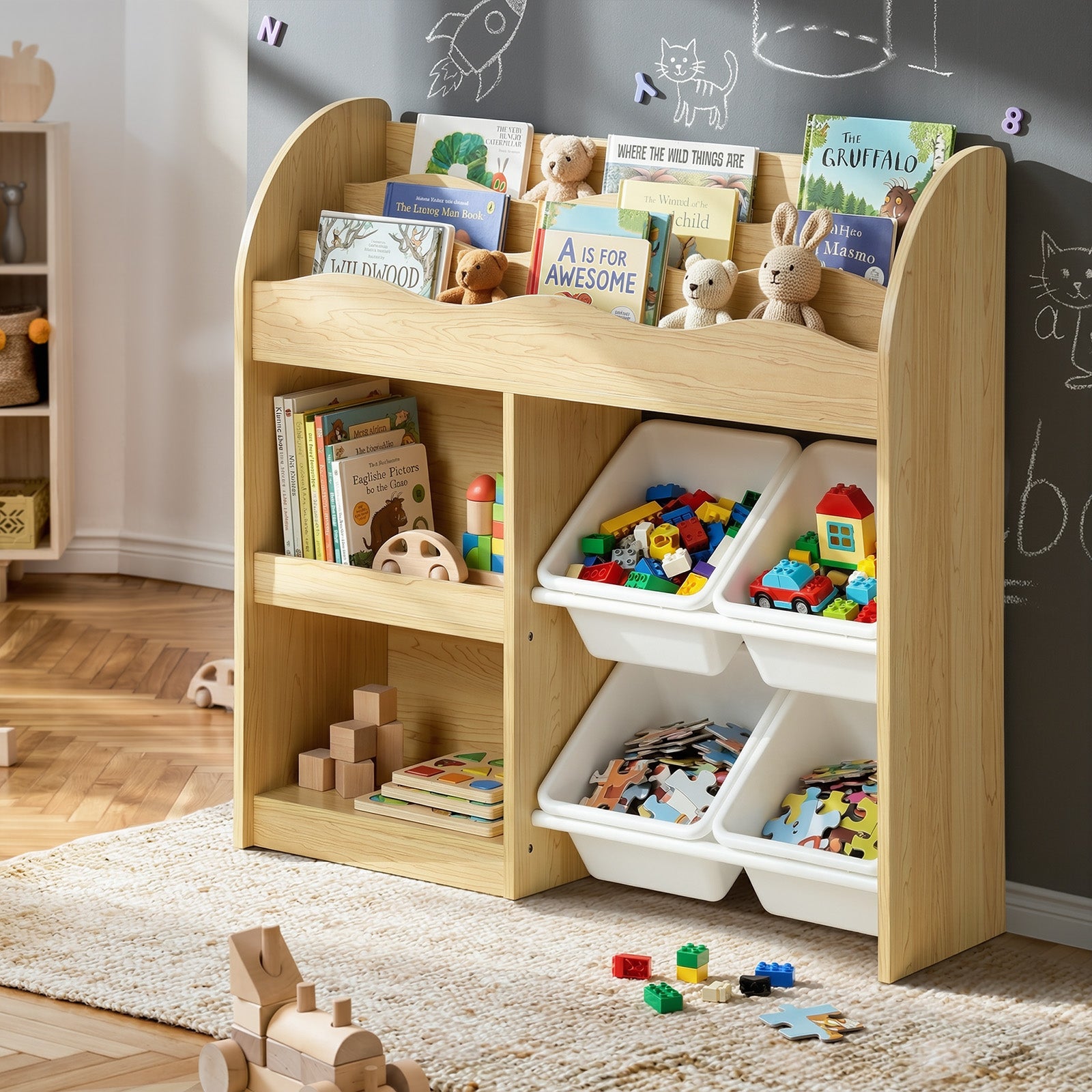 Oikiture Kids Bookshelf 4 Bins Toy Box Storage Organiser Display Shelf - Sunyee