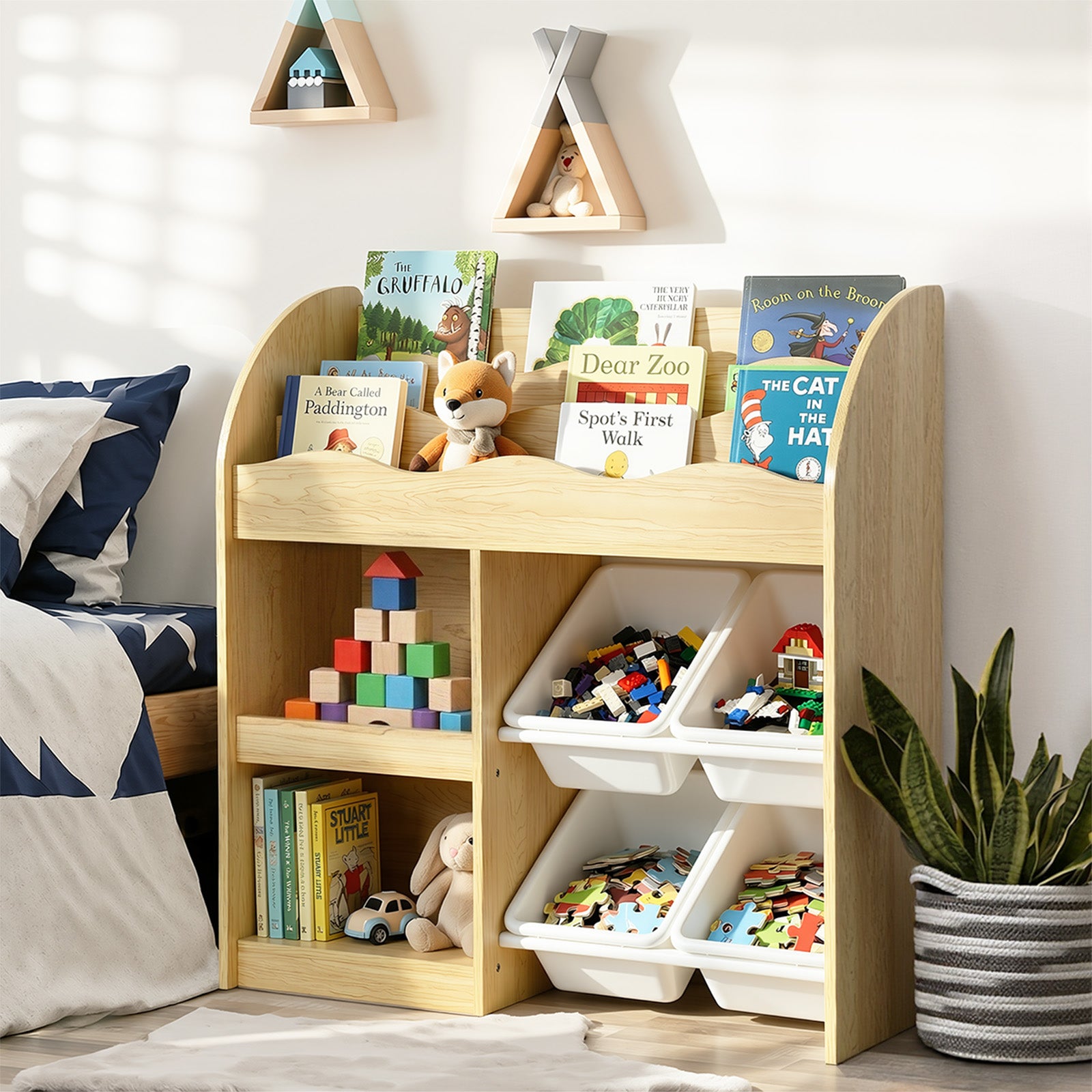 Oikiture Kids Bookshelf 4 Bins Toy Box Storage Organiser Display Shelf - Sunyee