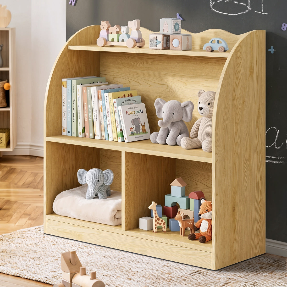 Oikiture Kids Storage Bookshelf Open Shelves Organiser Scalloped Edge Natural