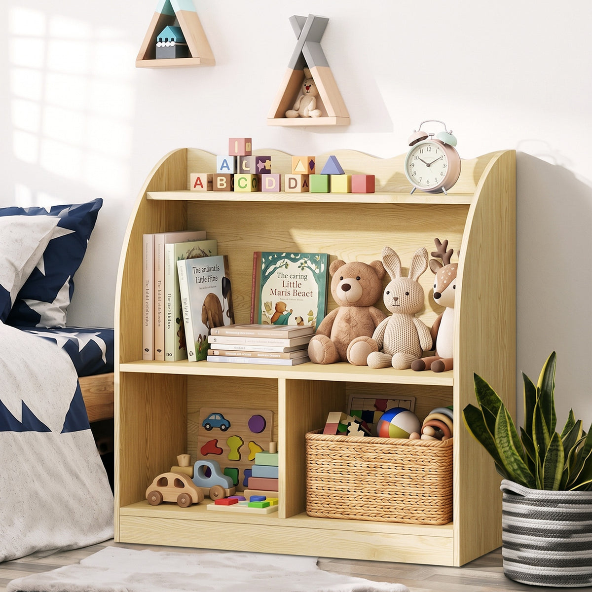 Oikiture Kids Storage Bookshelf Open Shelves Organiser Scalloped Edge Natural