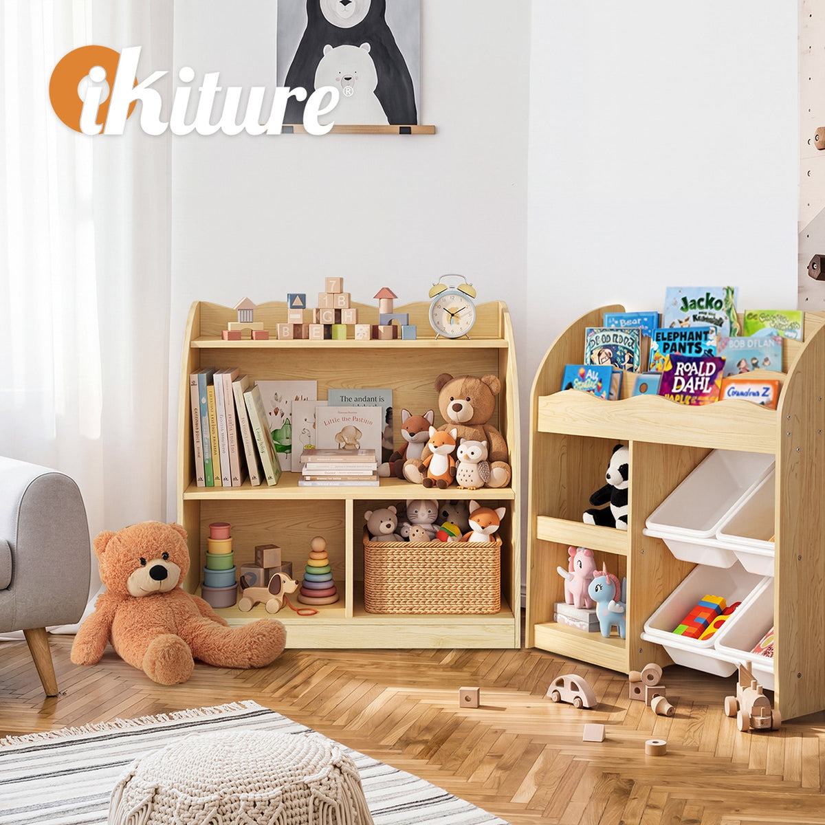 Oikiture Kids Storage Bookshelf Open Shelves Organiser Scalloped Edge Natural