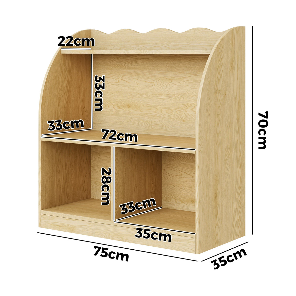 Oikiture Kids Storage Bookshelf Open Shelves Organiser Scalloped Edge Natural