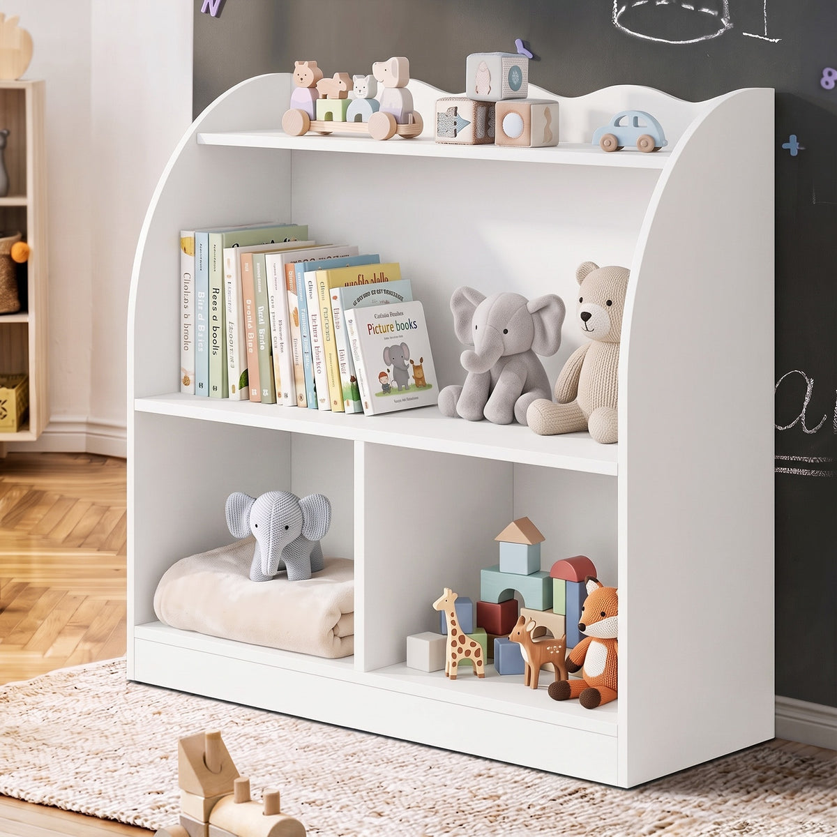 Oikiture Kids Storage Bookshelf Open Shelves Organiser Scalloped Edge White