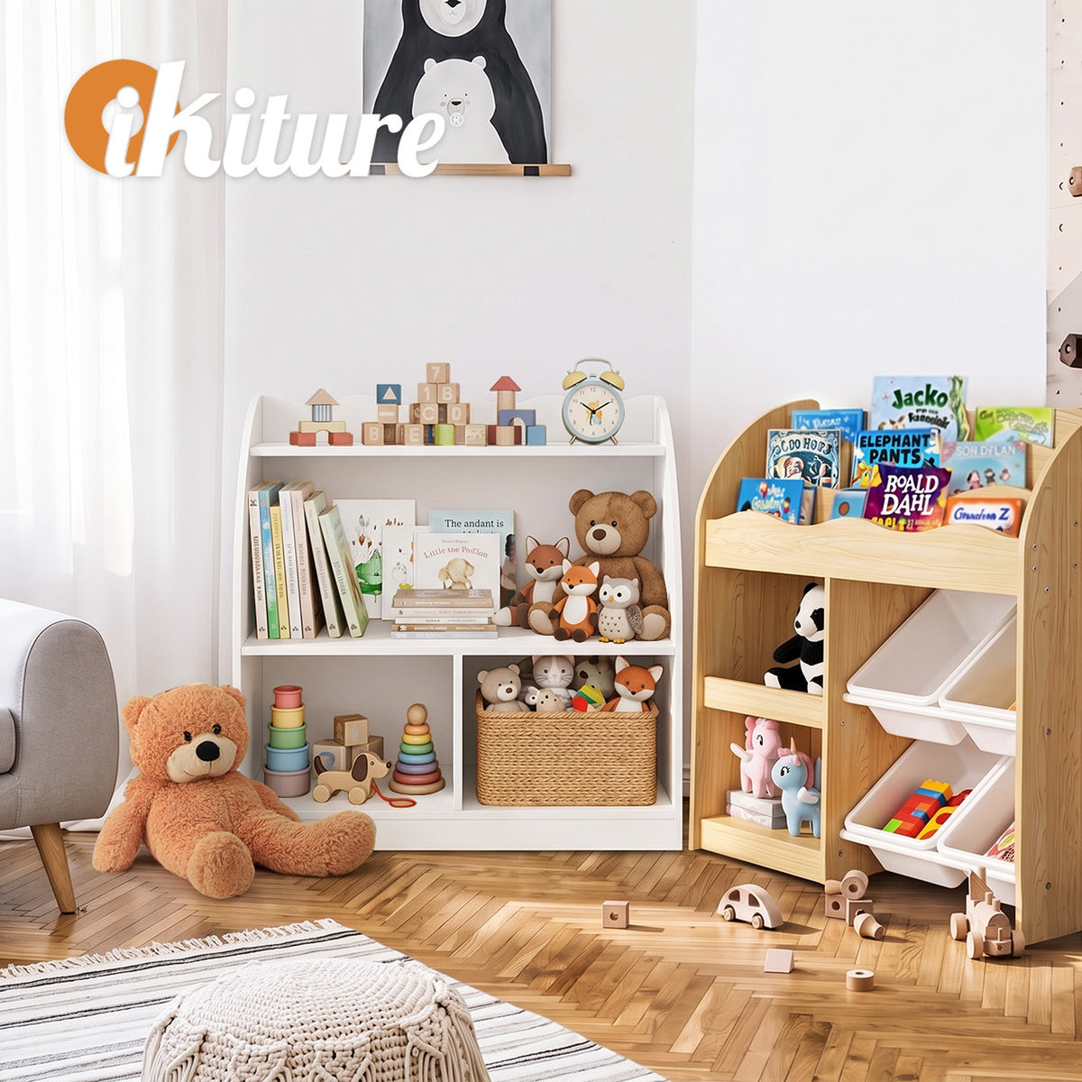 Oikiture Kids Storage Bookshelf Open Shelves Organiser Scalloped Edge White