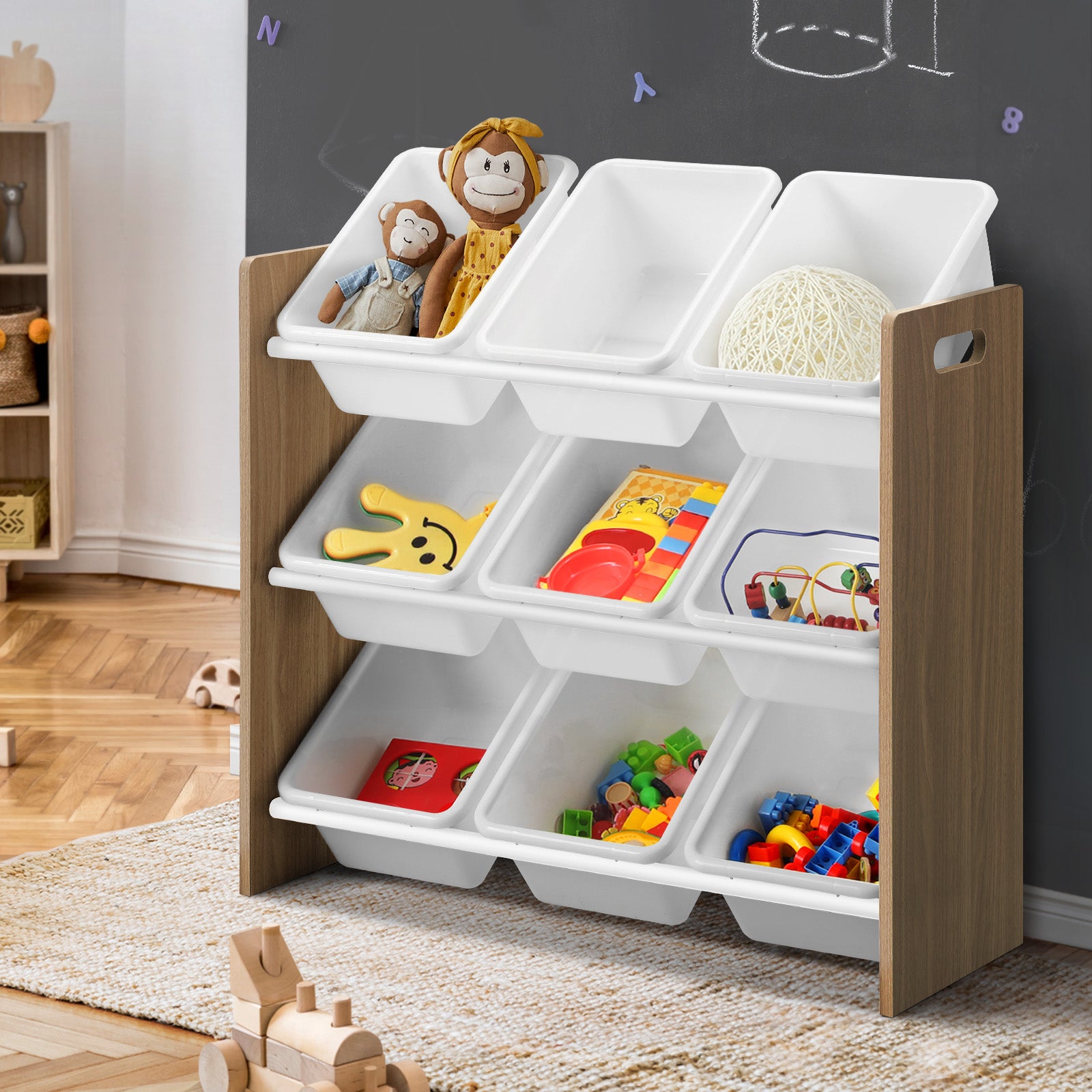 Oikiture Kids Toy Box Organiser 9 Bins Display Shelf Storage Rack Natural White - Sunyee