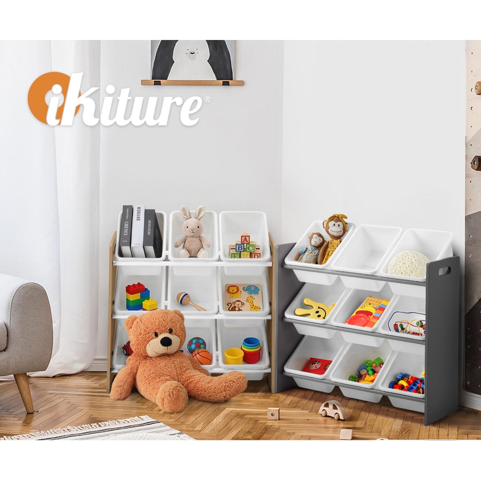 Oikiture Kids Toy Box Organiser 9 Bins Display Shelf Storage Rack Natural White - Sunyee