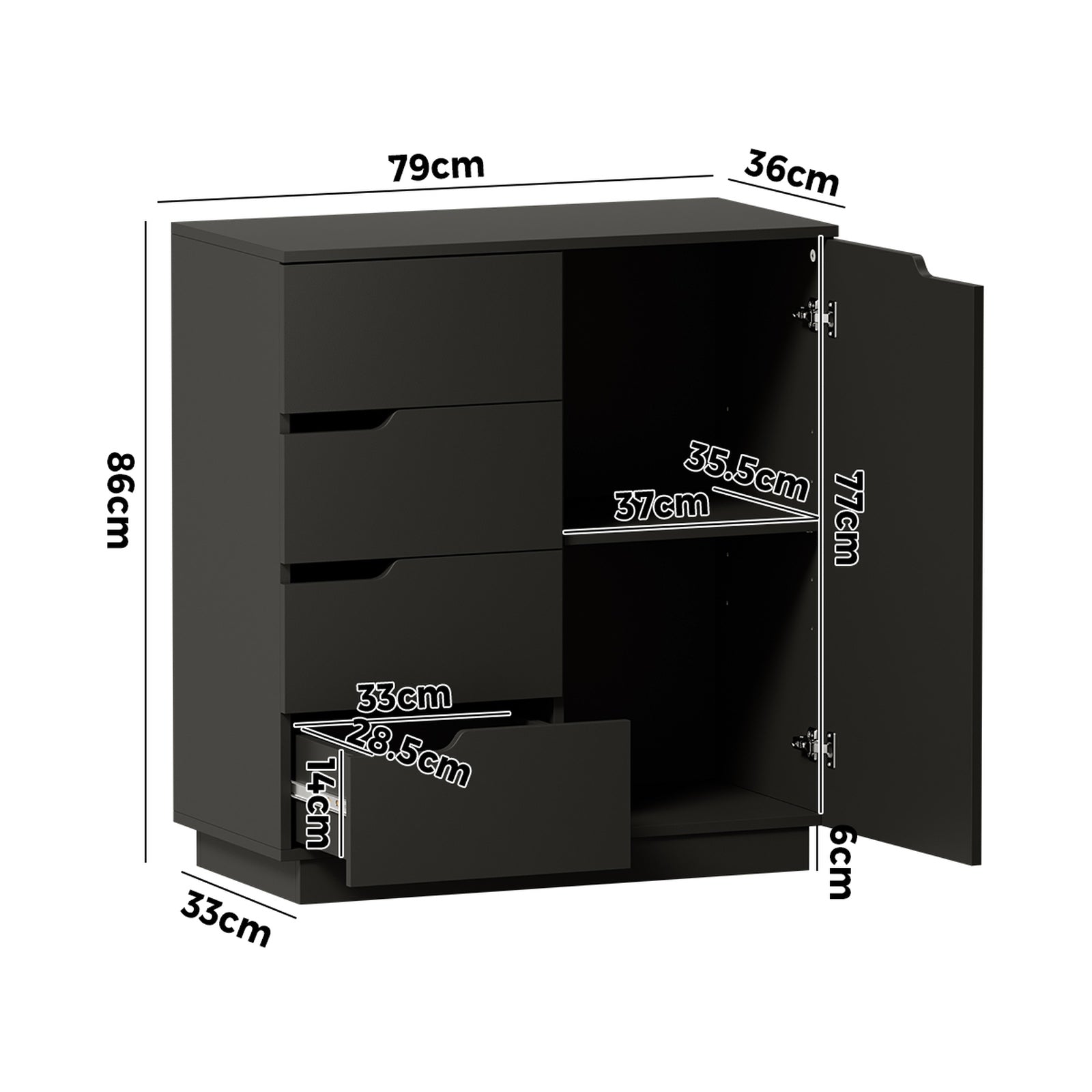 Oikiture Storage Cabinet 4 Drawers Buffet Cupboard Hallway Handleless Black