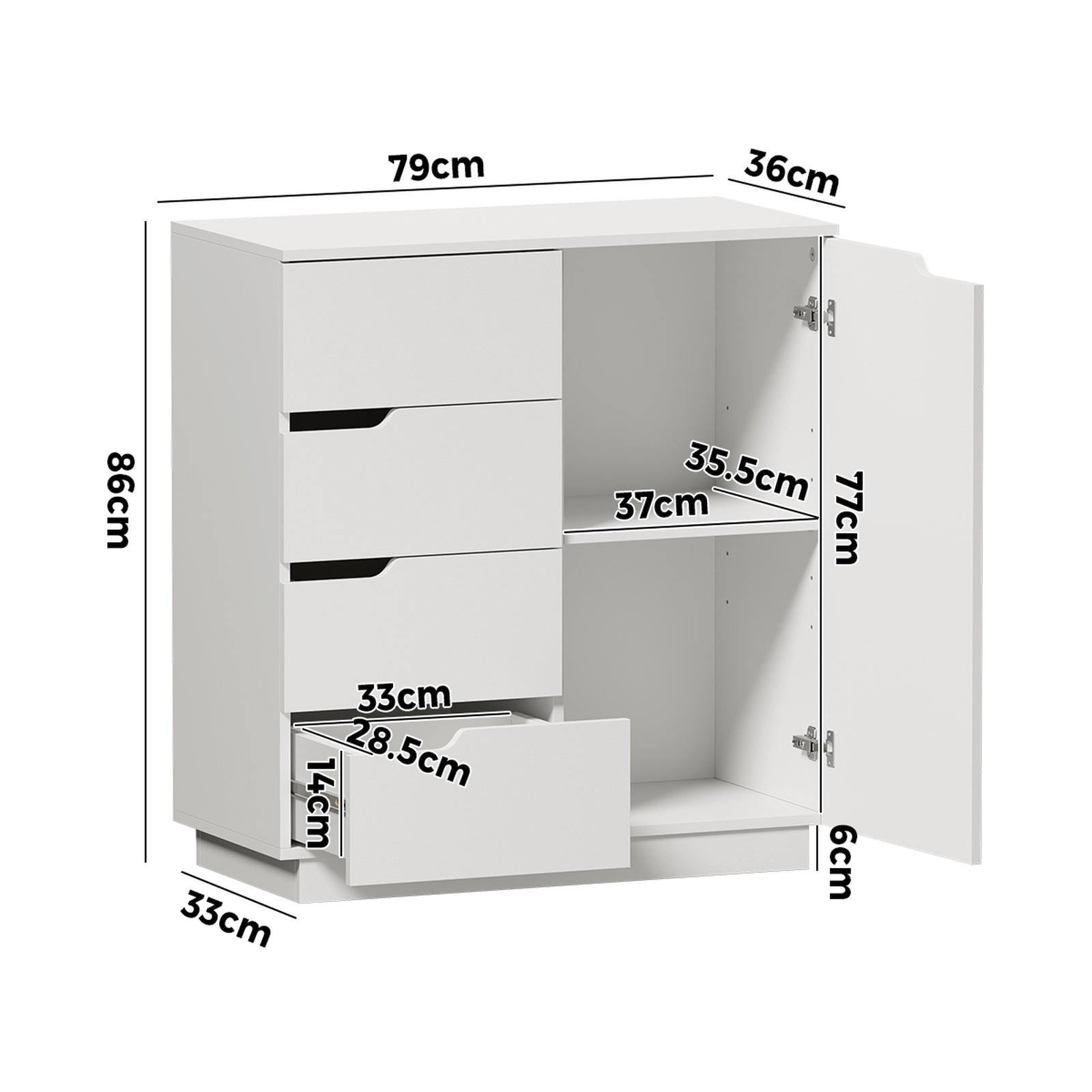 Oikiture Storage Cabinet 4 Drawers Buffet Cupboard Hallway Handleless