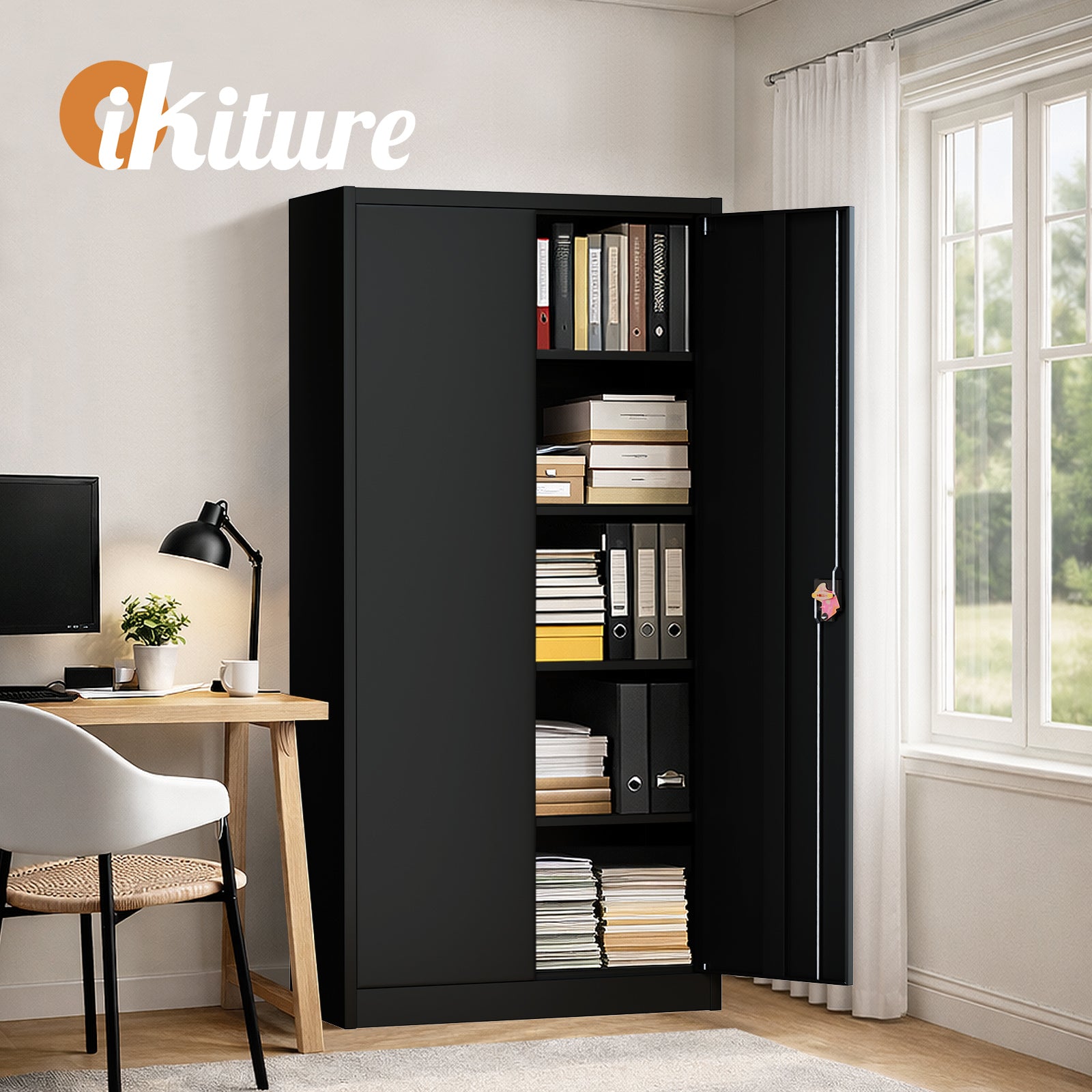 Oikiture Lockable Filing Cabinet 185cm Steel Office Document Storage Black - Sunyee