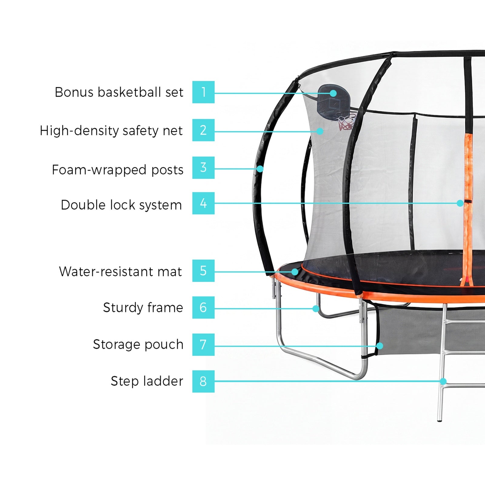 Mazam 14FT Kids Trampoline Safety Enclosure Net Basketball Set Ladder Round
