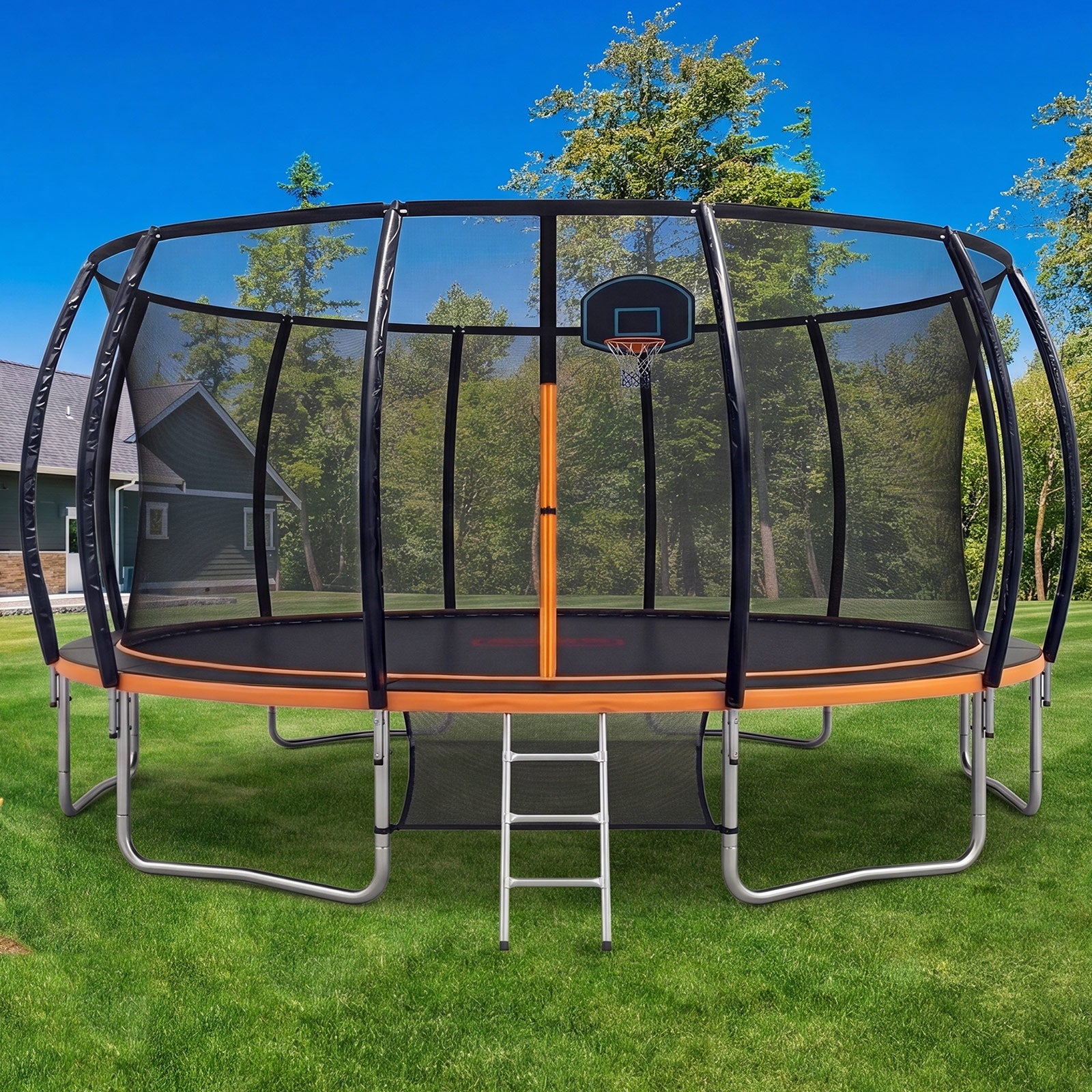 Mazam 16FT Kids Trampoline Safety Enclosure Net Basketball Set Ladder Round