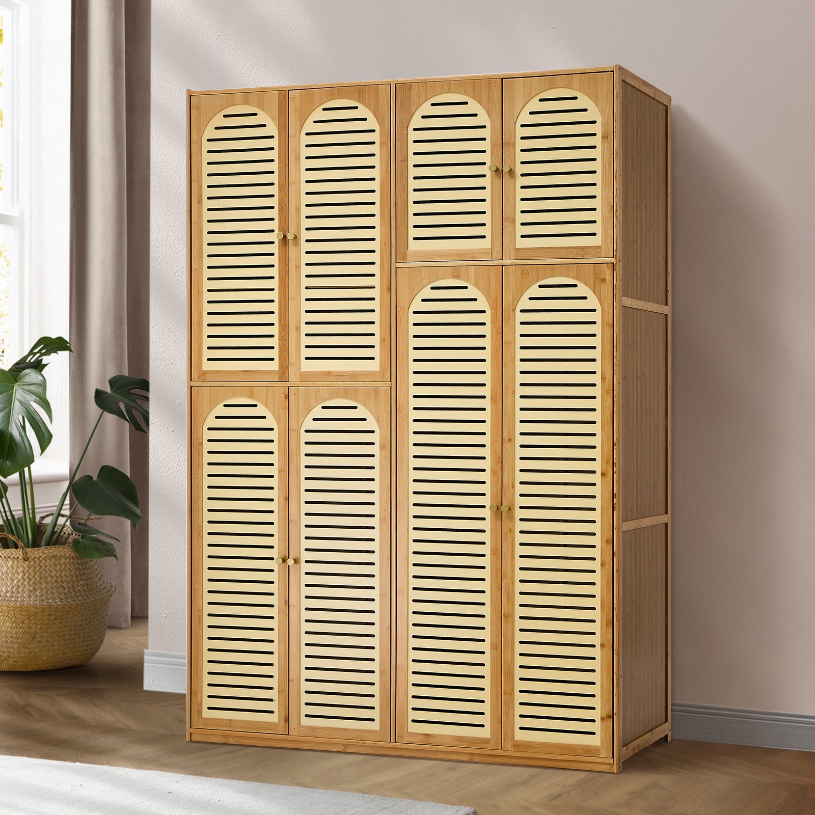 Oikiture Bamboo Wardrobe Large Clothes Storage Cabinet 8 Doors with 7 Shelves