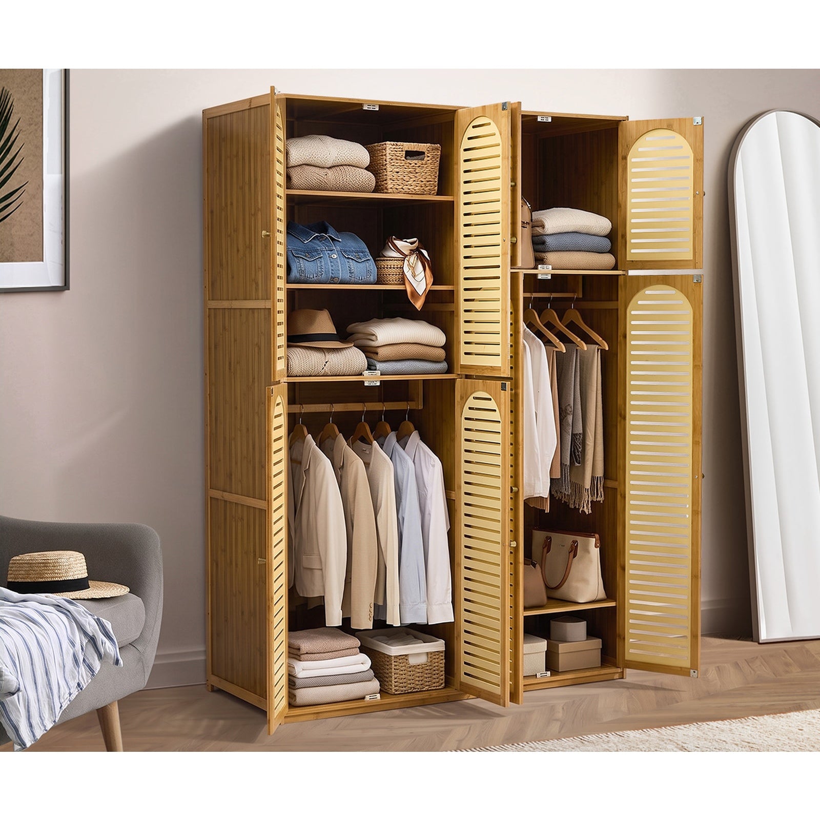 Oikiture Bamboo Wardrobe Large Clothes Storage Cabinet 8 Doors with 7 Shelves