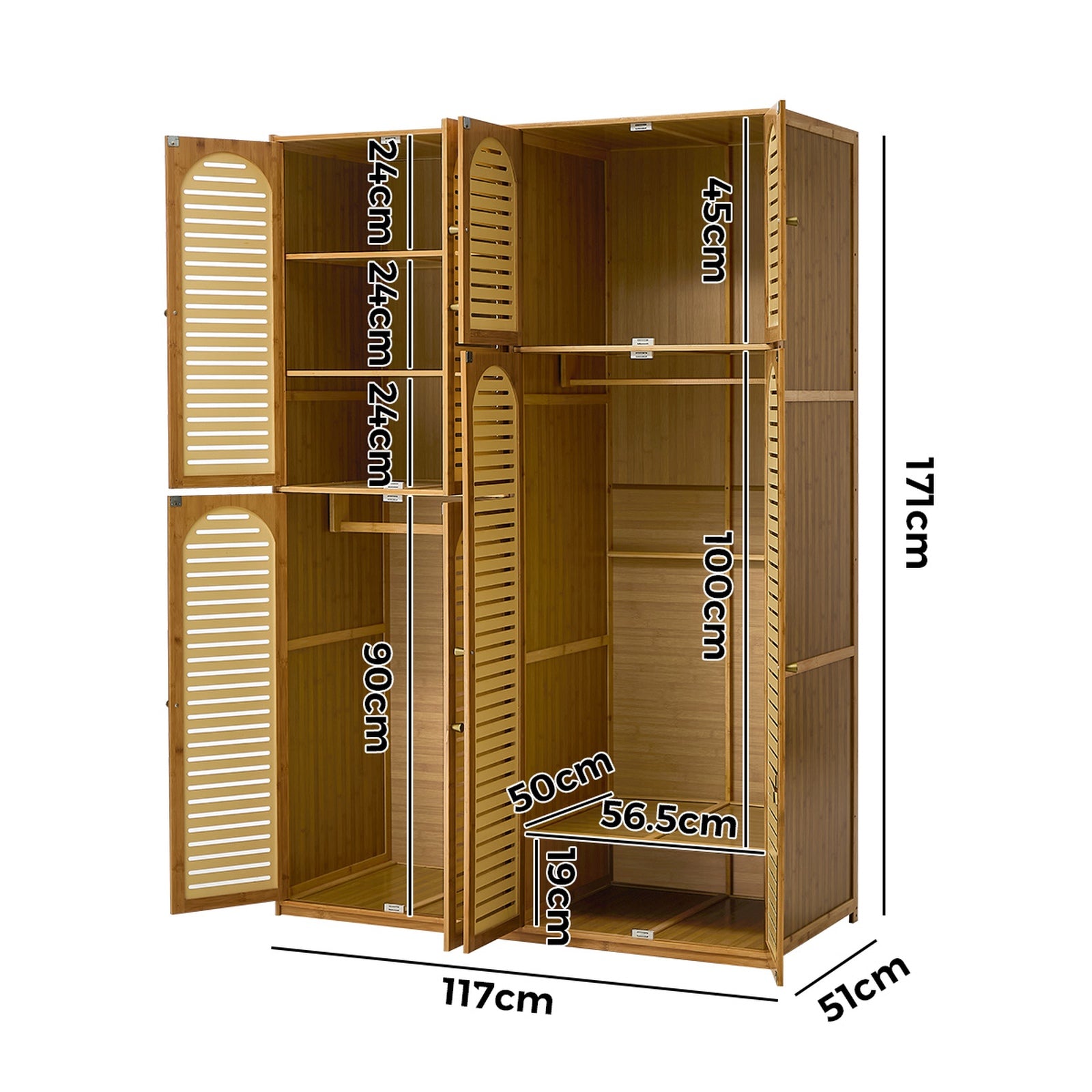 Oikiture Bamboo Wardrobe Large Clothes Storage Cabinet 8 Doors with 7 Shelves