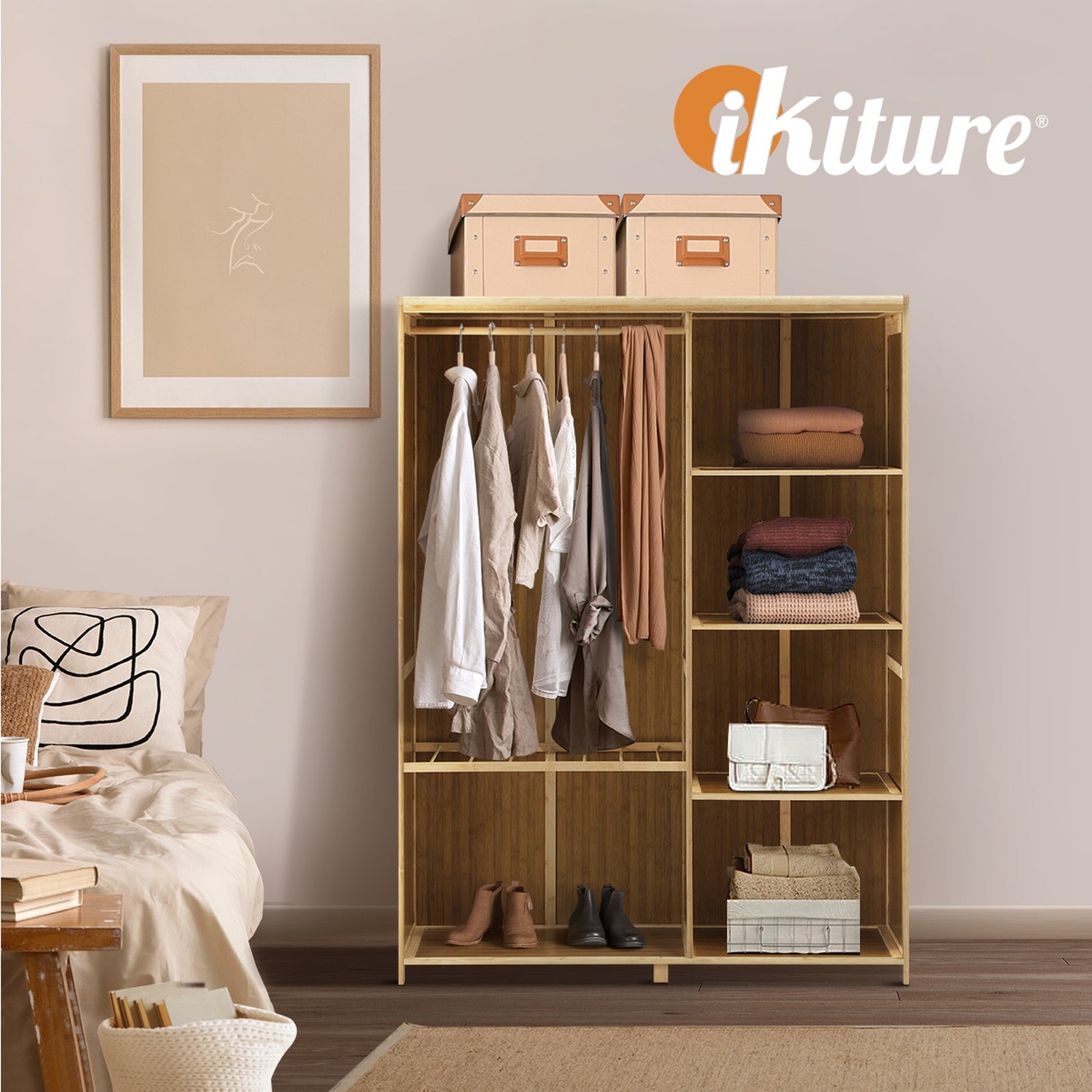 Oikiture Open Wardrobe Shelf Unit Clothes Storage 5 Shelves Hanging Rail - Sunyee