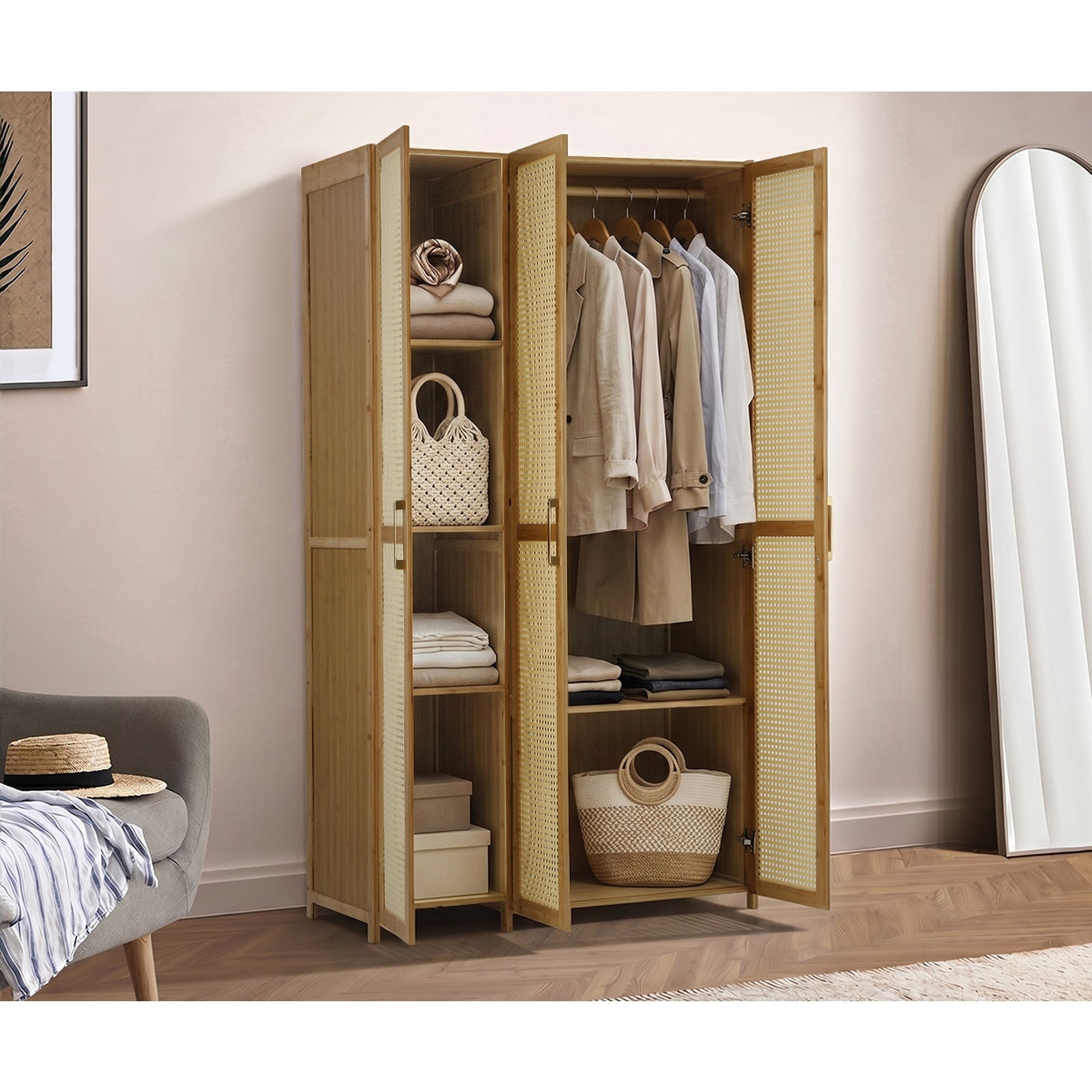 Oikiture Wardrobe Clothes Storage Cabinet Large Cupboard 3 Doors 6 Shelves
