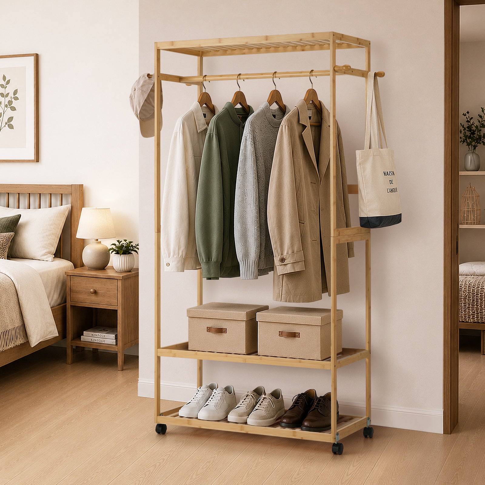 Oikiture Clothes Rack Open Wardrobe Garment Coat Stand Bamboo 2 Shelves Wheels