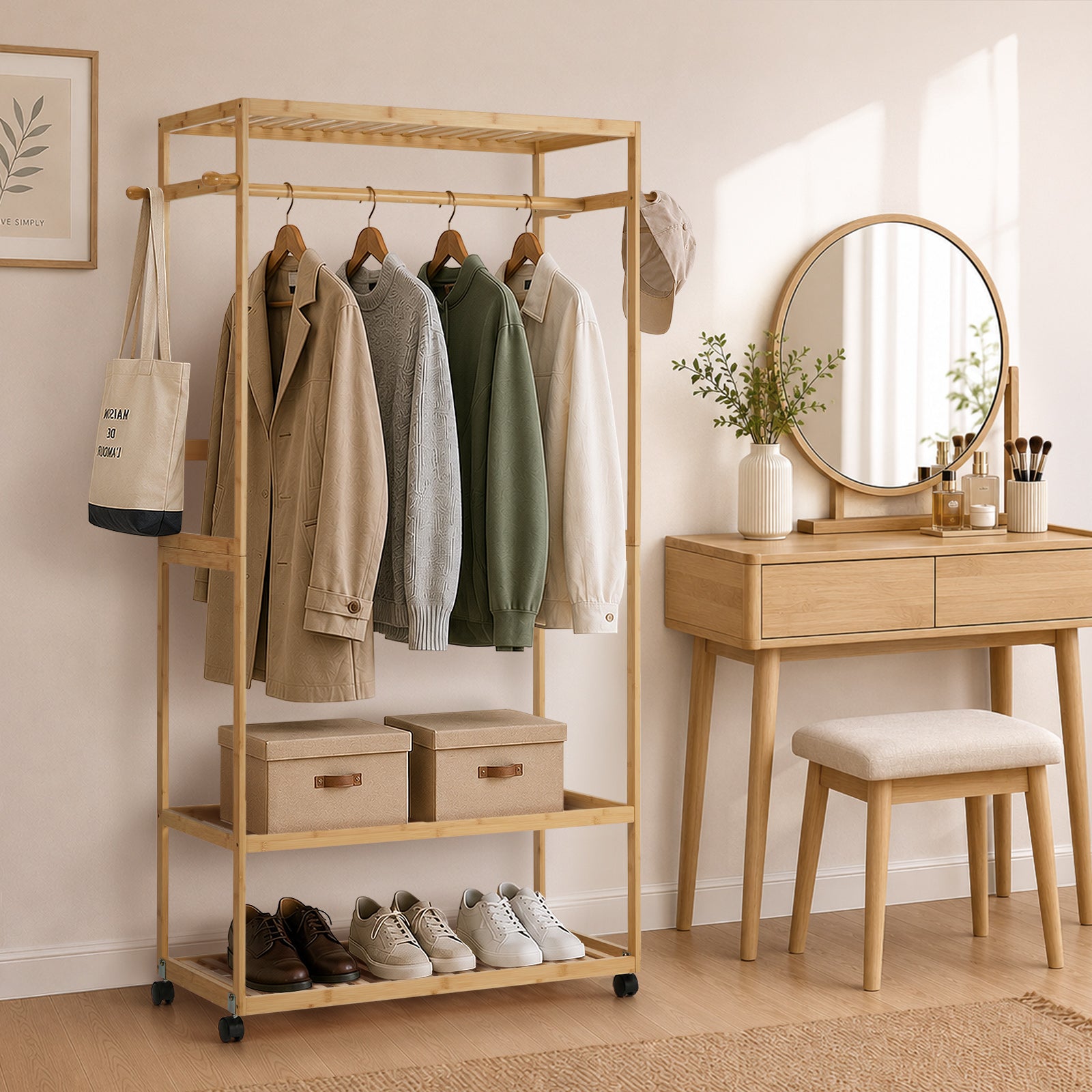 Oikiture Clothes Rack Open Wardrobe Garment Coat Stand Bamboo 2 Shelves Wheels