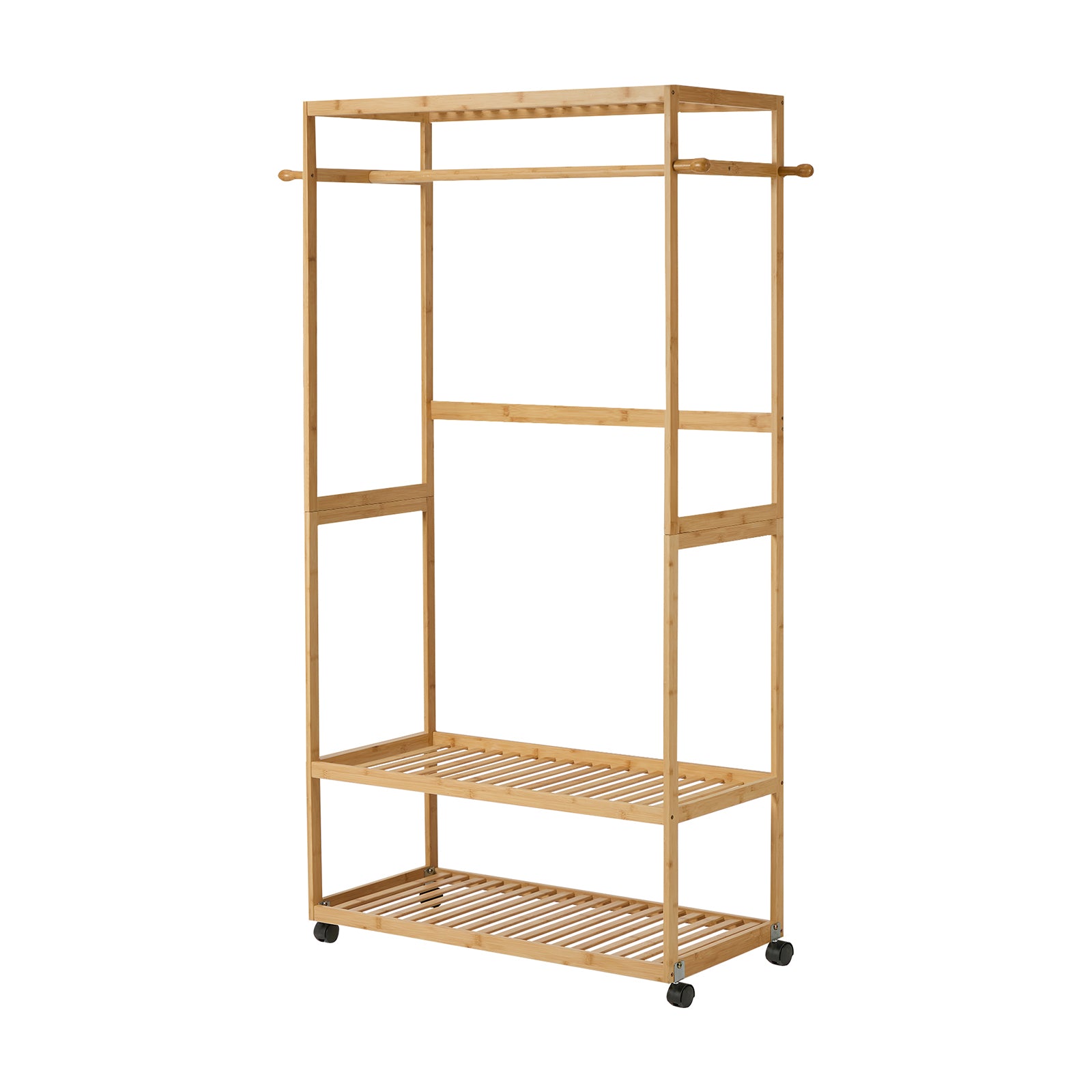 Oikiture Clothes Rack Open Wardrobe Garment Coat Stand Bamboo 2 Shelves Wheels