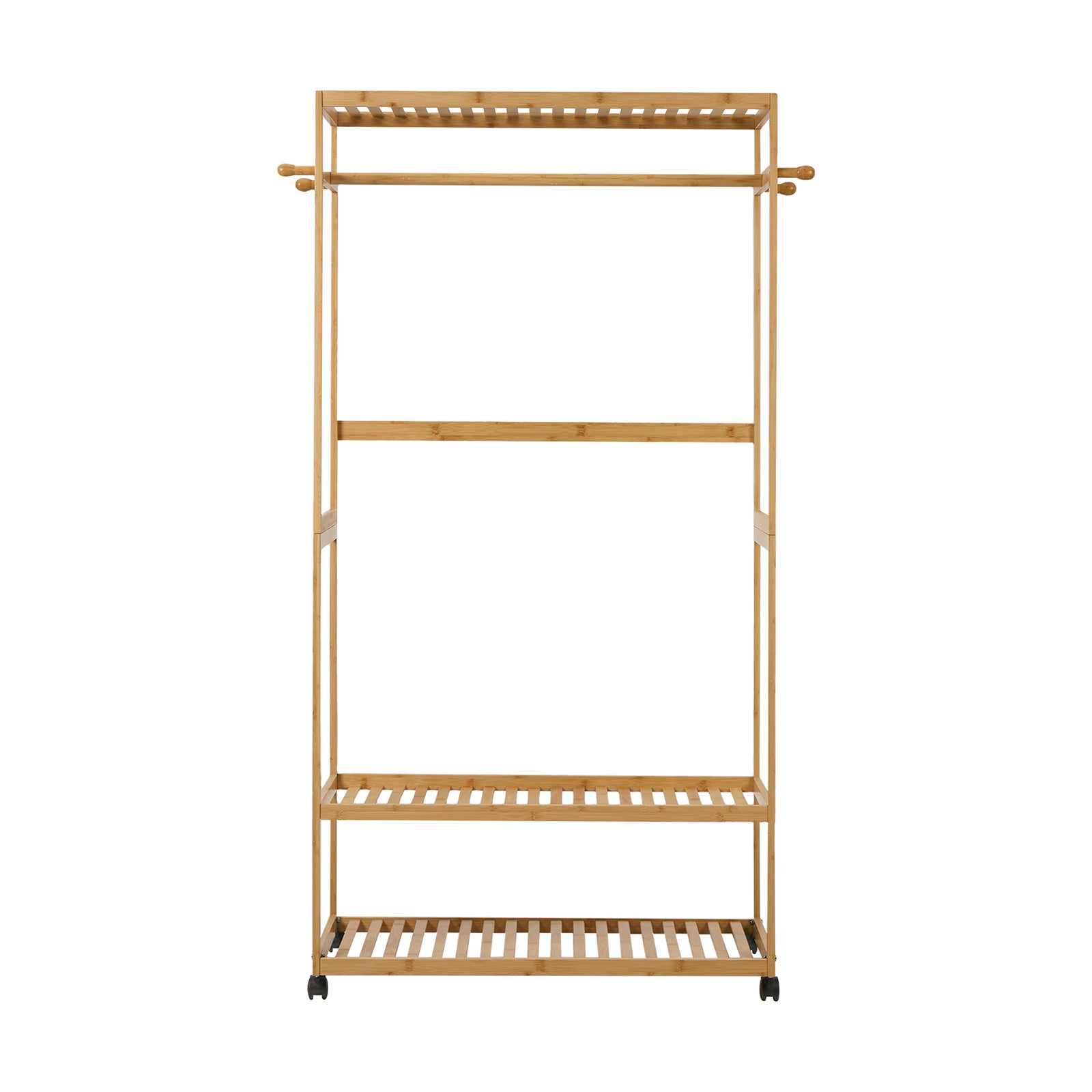 Oikiture Clothes Rack Open Wardrobe Garment Coat Stand Bamboo 2 Shelves Wheels