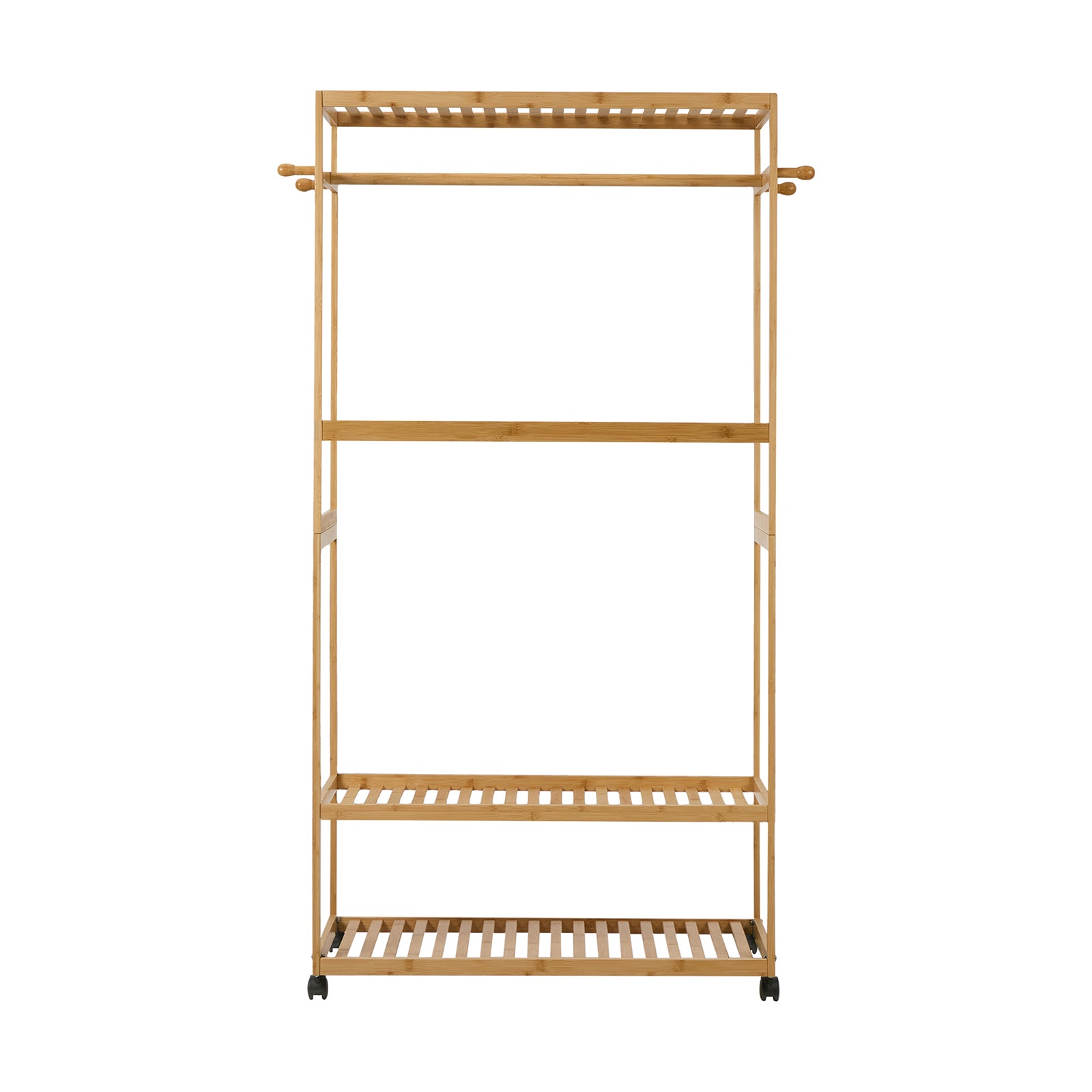 Oikiture Clothes Rack Open Wardrobe Garment Coat Stand Bamboo 2 Shelves Wheels