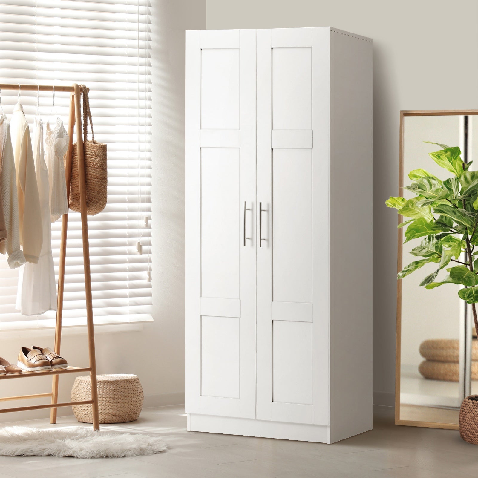 Oikiture Wardrobe Clothes Storage Cabinet Large Cupboard 2 Doors 4 Shelves White - Sunyee