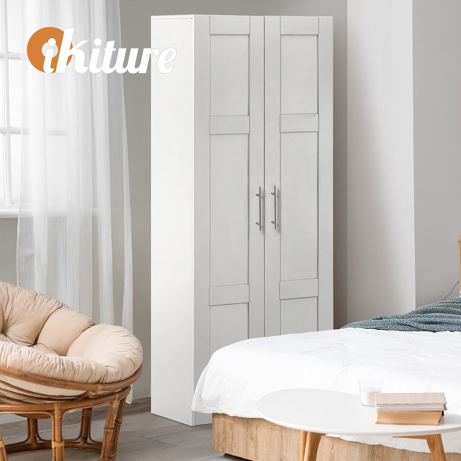 Oikiture Wardrobe Clothes Storage Cabinet Large Cupboard 2 Doors 4 Shelves White - Sunyee