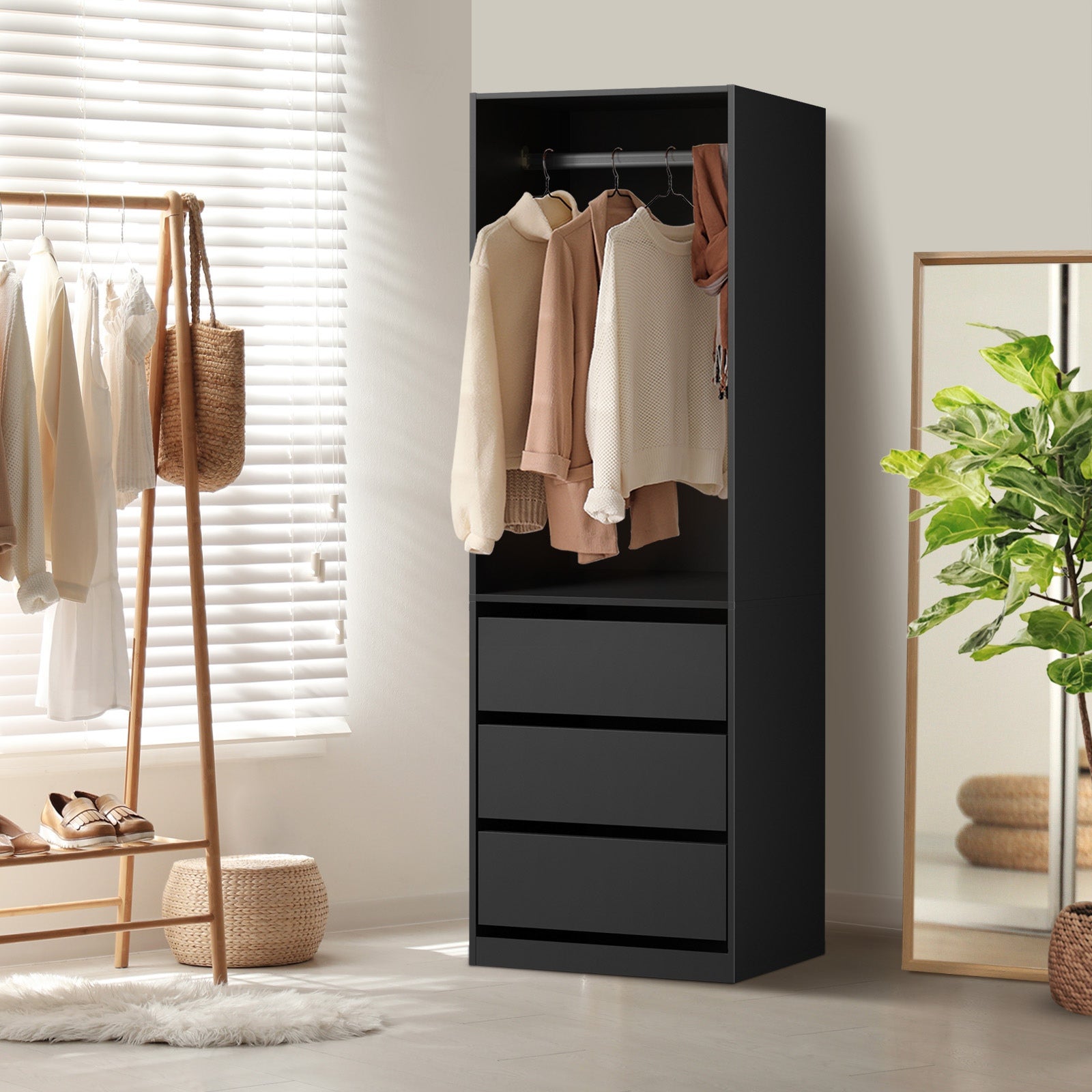 Oikiture Open Wardrobe Shelf Unit Clothes Storage 3 Drawers Hanging Rail Black - Sunyee