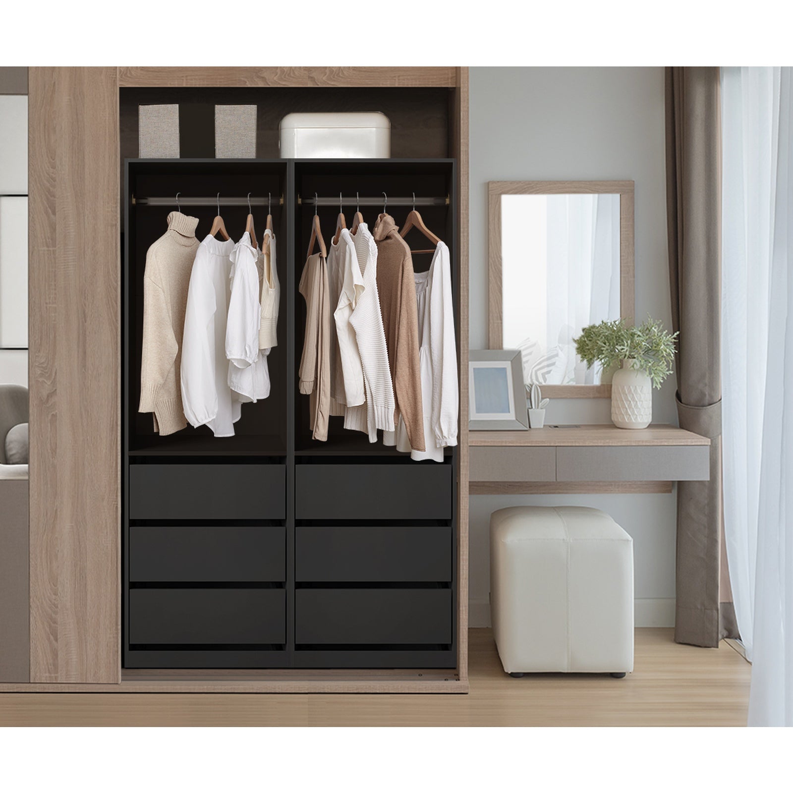 Oikiture Open Wardrobe Shelf Unit Clothes Storage 3 Drawers Hanging Rail Black - Sunyee