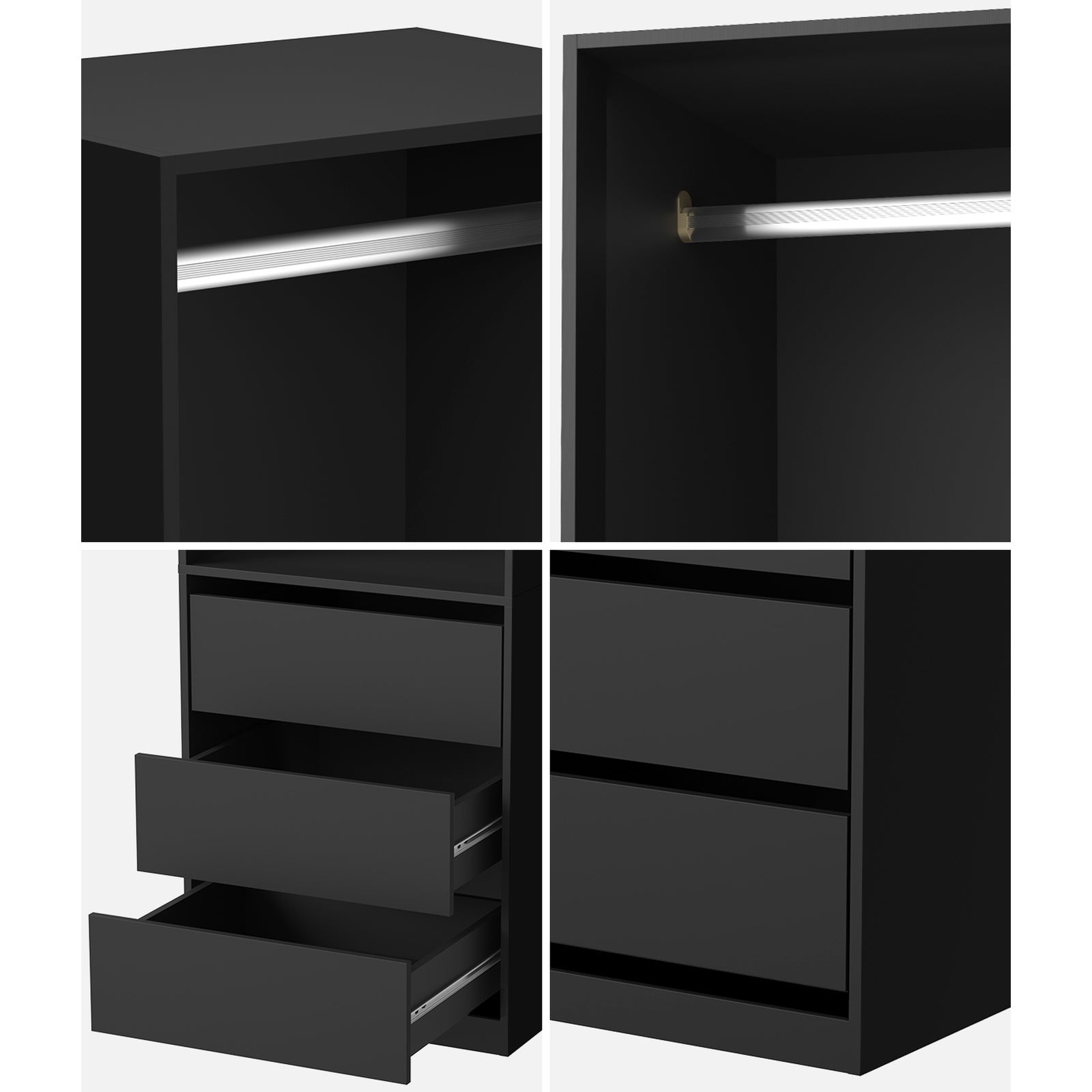 Oikiture Open Wardrobe Shelf Unit Clothes Storage 3 Drawers Hanging Rail Black - Sunyee