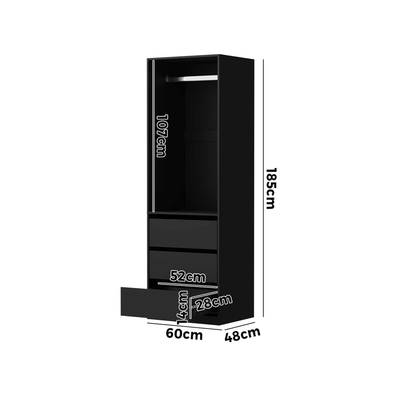 Oikiture Open Wardrobe Shelf Unit Clothes Storage 3 Drawers Hanging Rail Black - Sunyee