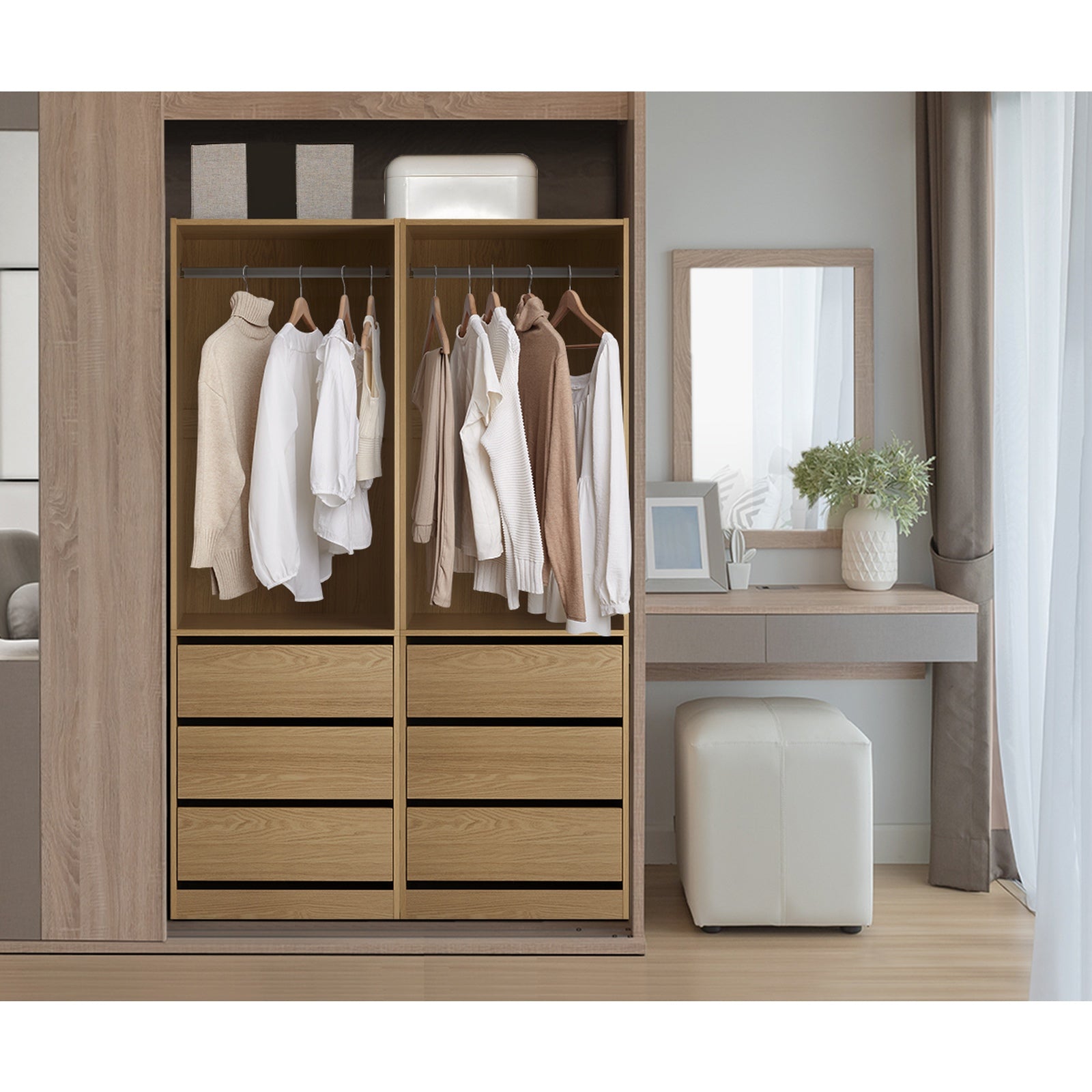 Oikiture Wardrobe Clothes Storage Organizer 3 Drawers Hanging Rail Natural - Sunyee