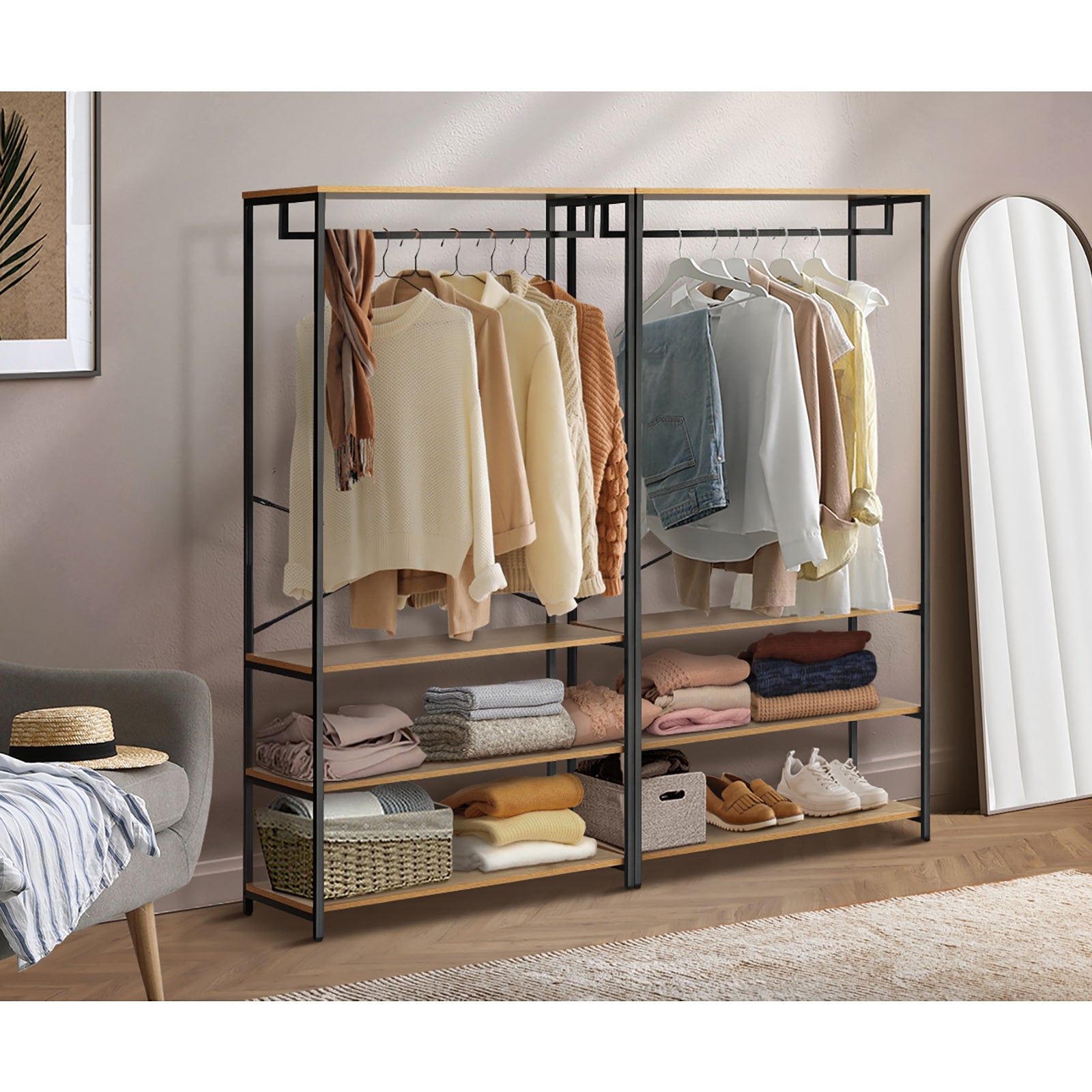 Oikiture Clothes Rack Open Wardrobe Garment Coat Hanging Rail Metal 4
