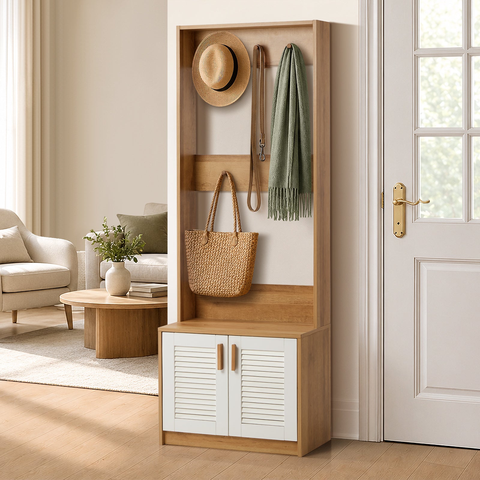 Oikiture Hall Tree Wardrobe Shelf Bench Coat Rack Entryway Storage Natural
