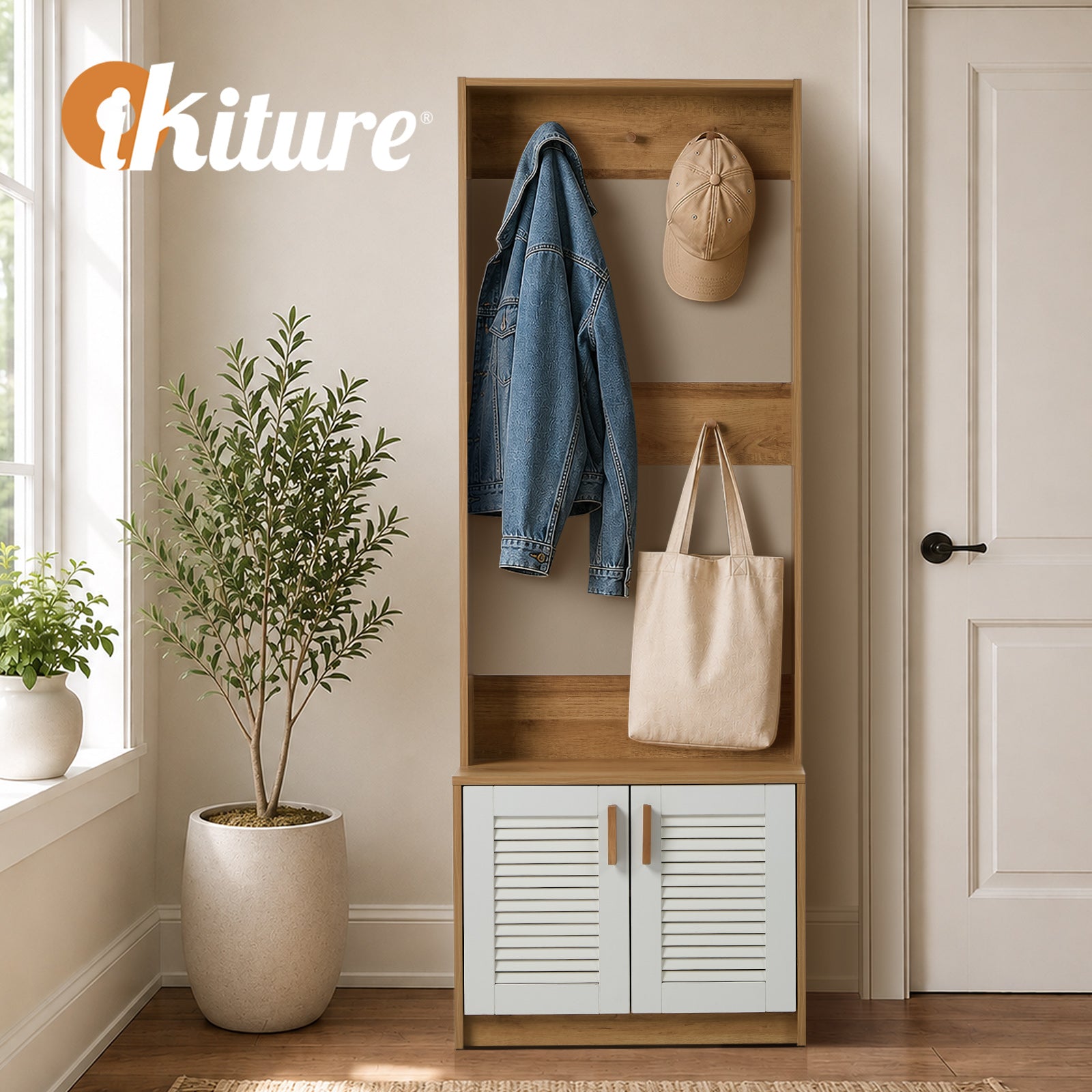 Oikiture Hall Tree Wardrobe Shelf Bench Coat Rack Entryway Storage Natural