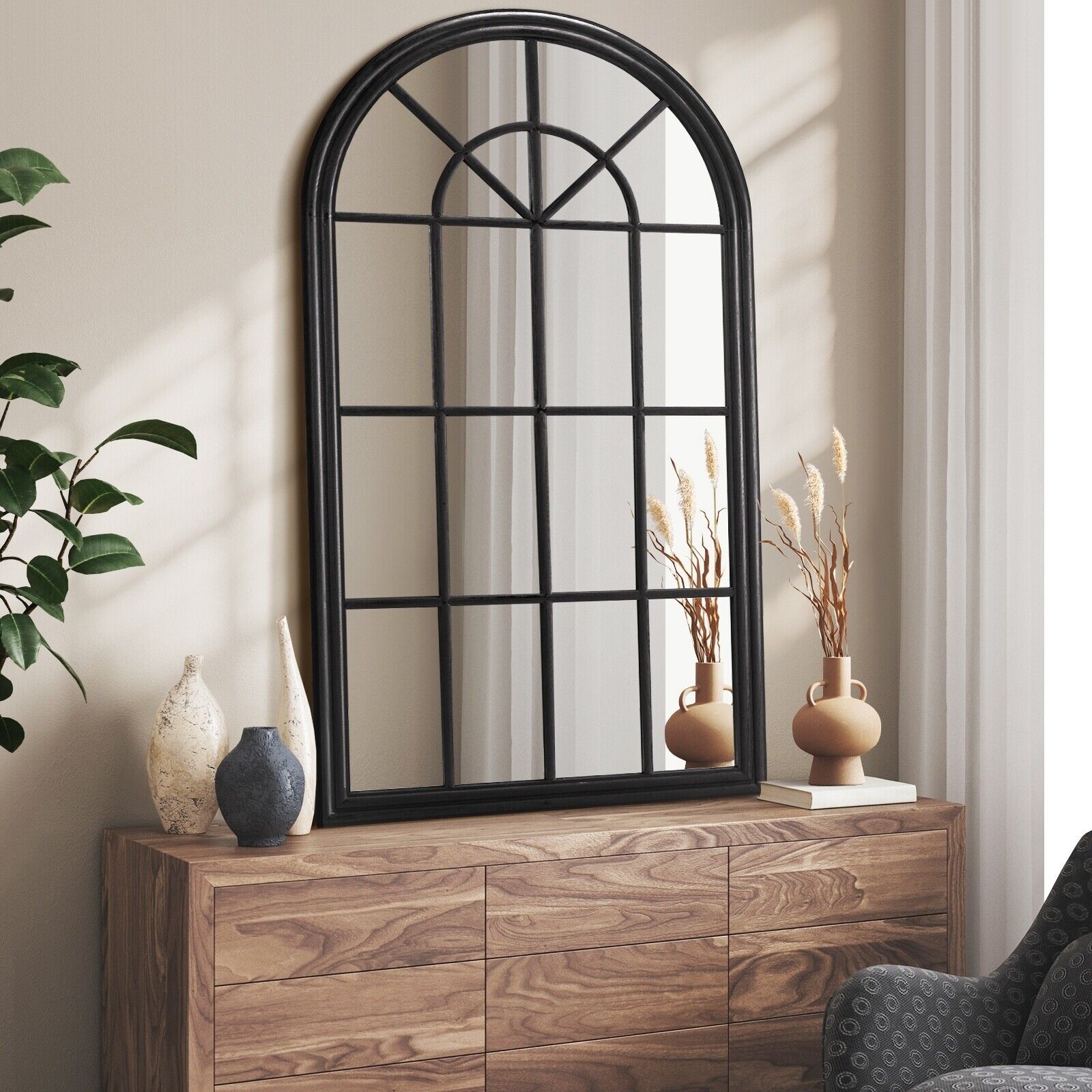 Oikiture Wooden Window Mirror Arched Wall Mirrors Home Decor Black - Sunyee