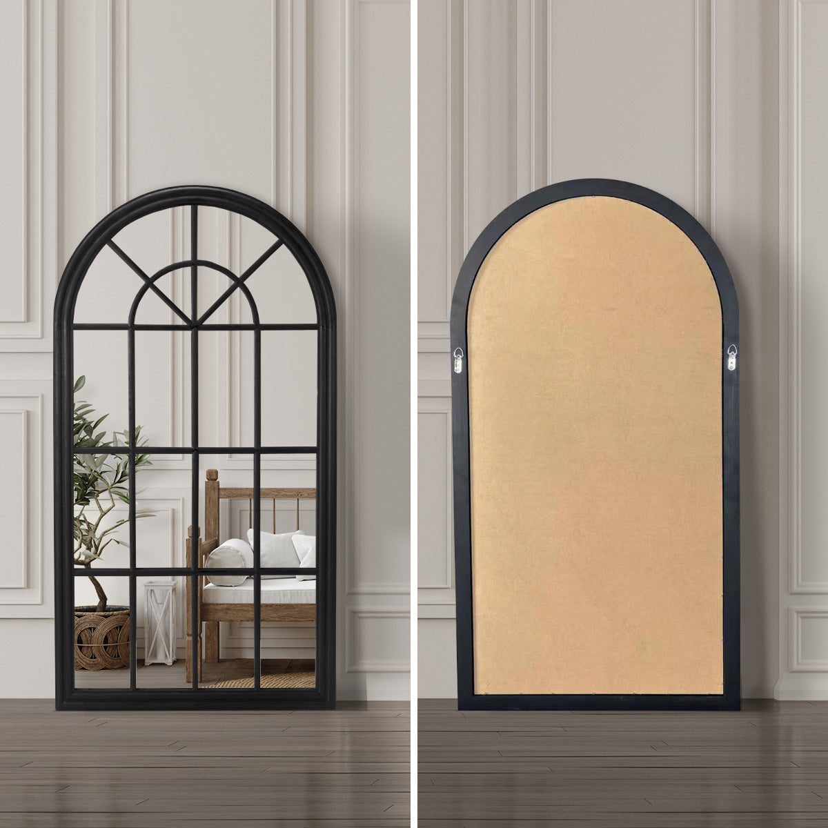 Oikiture Window Mirror Arched Wall Mirrors Decor 76x51cm Wooden Black - Sunyee