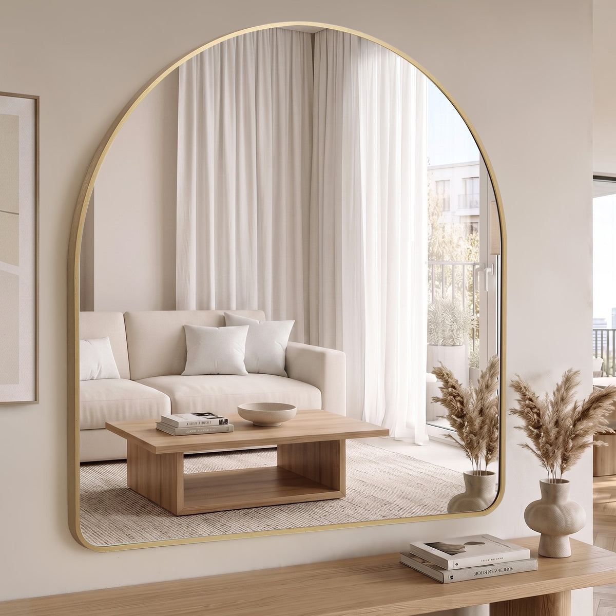 Oikiture Arched Wall Mirror Vanity Makeup Aluminium Frame 100x100cm Gold