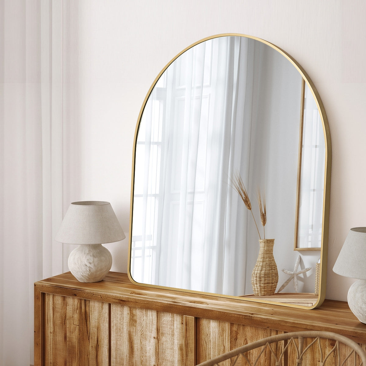 Oikiture Arched Wall Mirror Vanity Makeup Aluminium Frame 100x100cm Gold